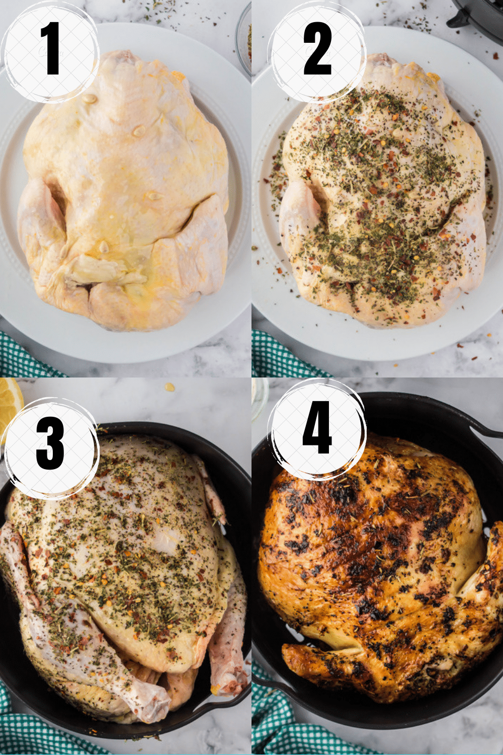 photo collage showing four images of four steps needed to make a whole chicken in a ninja foodi air fryer