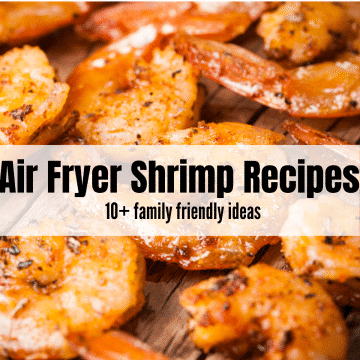 golden shrimp with tails and seasoning with text overlay: Air Fryer Shrimp Recipes