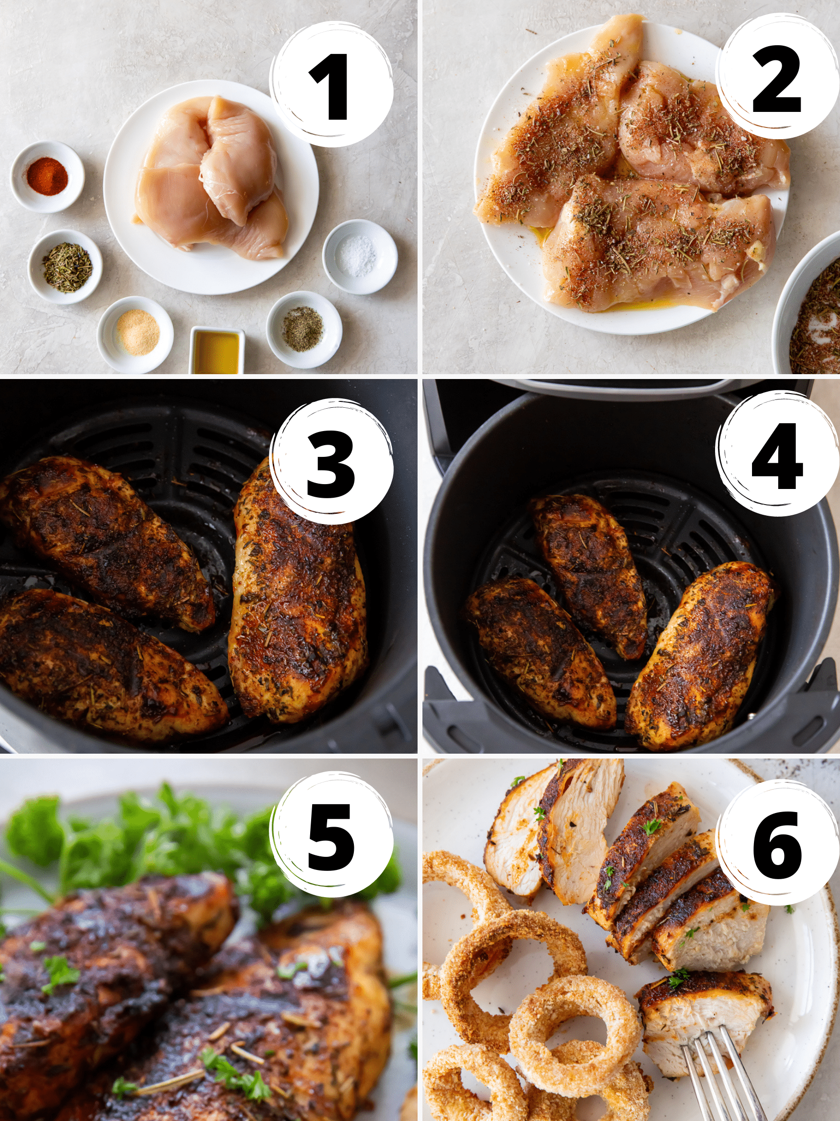 Photo collage showing six simple steps for making air fryer chicken breast