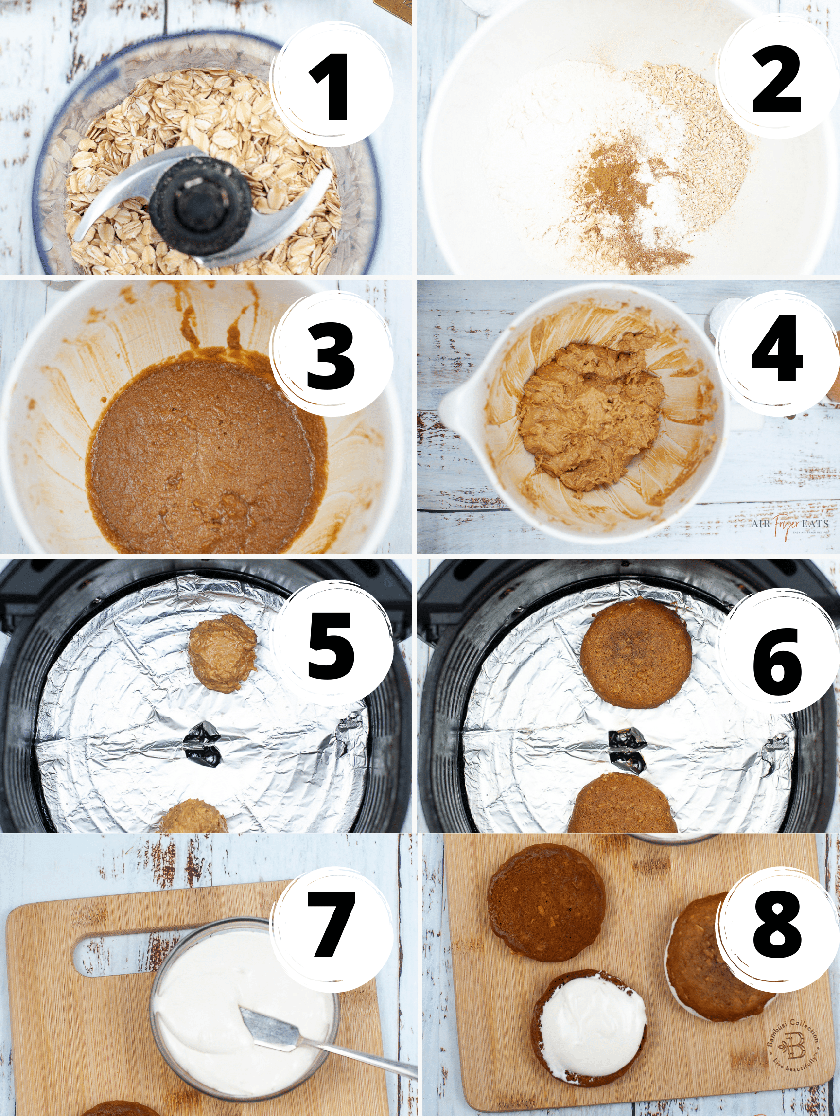8 step collage picture on how to make air fryer oatmeal creme pies