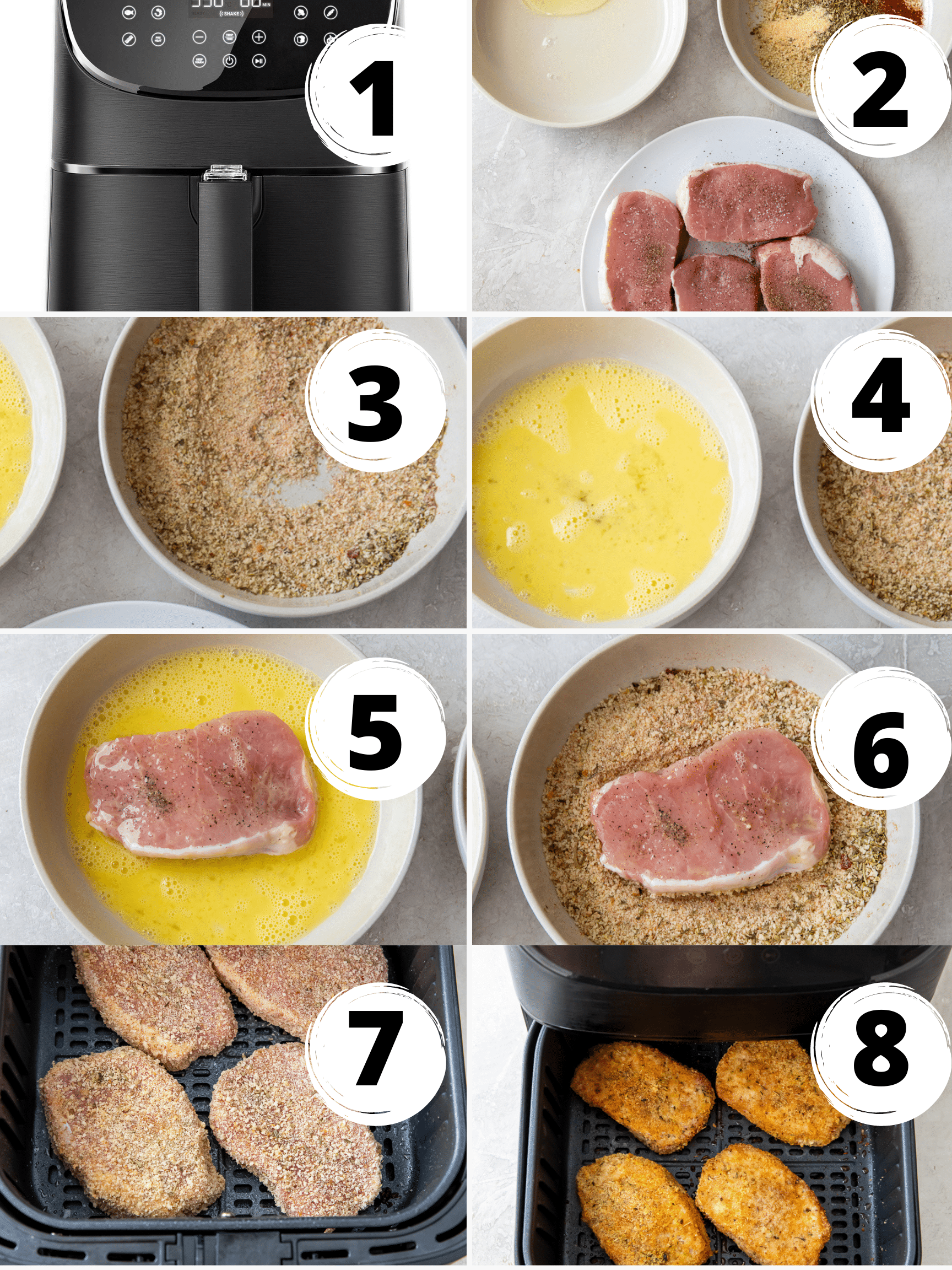 Photo collage showing 8 steps to make breaded pork chops in air fryer
