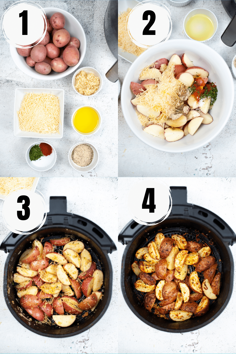 4-step collage picture on how to make air fryer roasted red potatoes