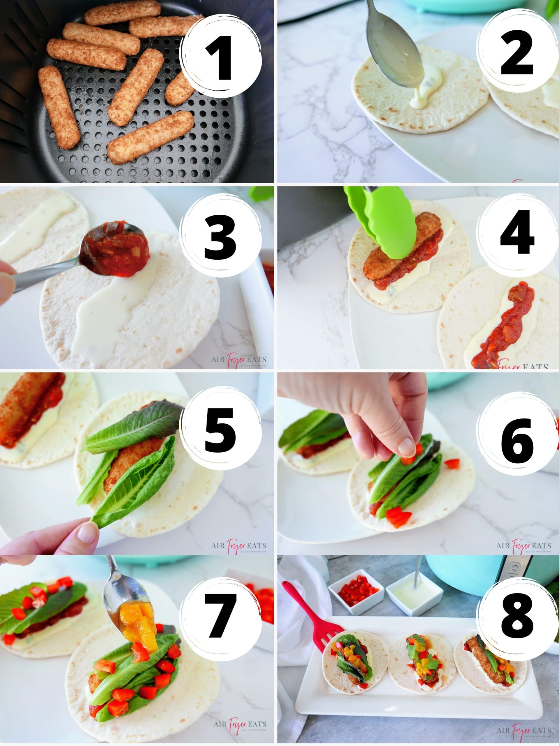 photo collage showing 8 simple steps needed to make air fryer fish tacos
