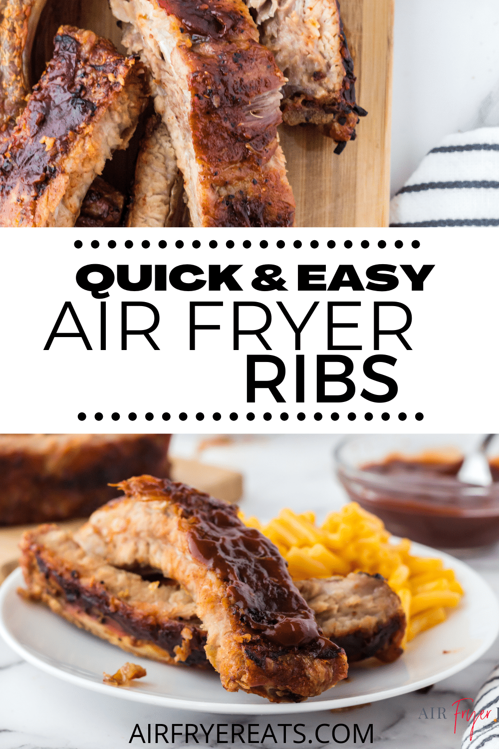 two images of ninja foodi ribs with a text overlay that says Quick and Easy Air Fryer Ribs