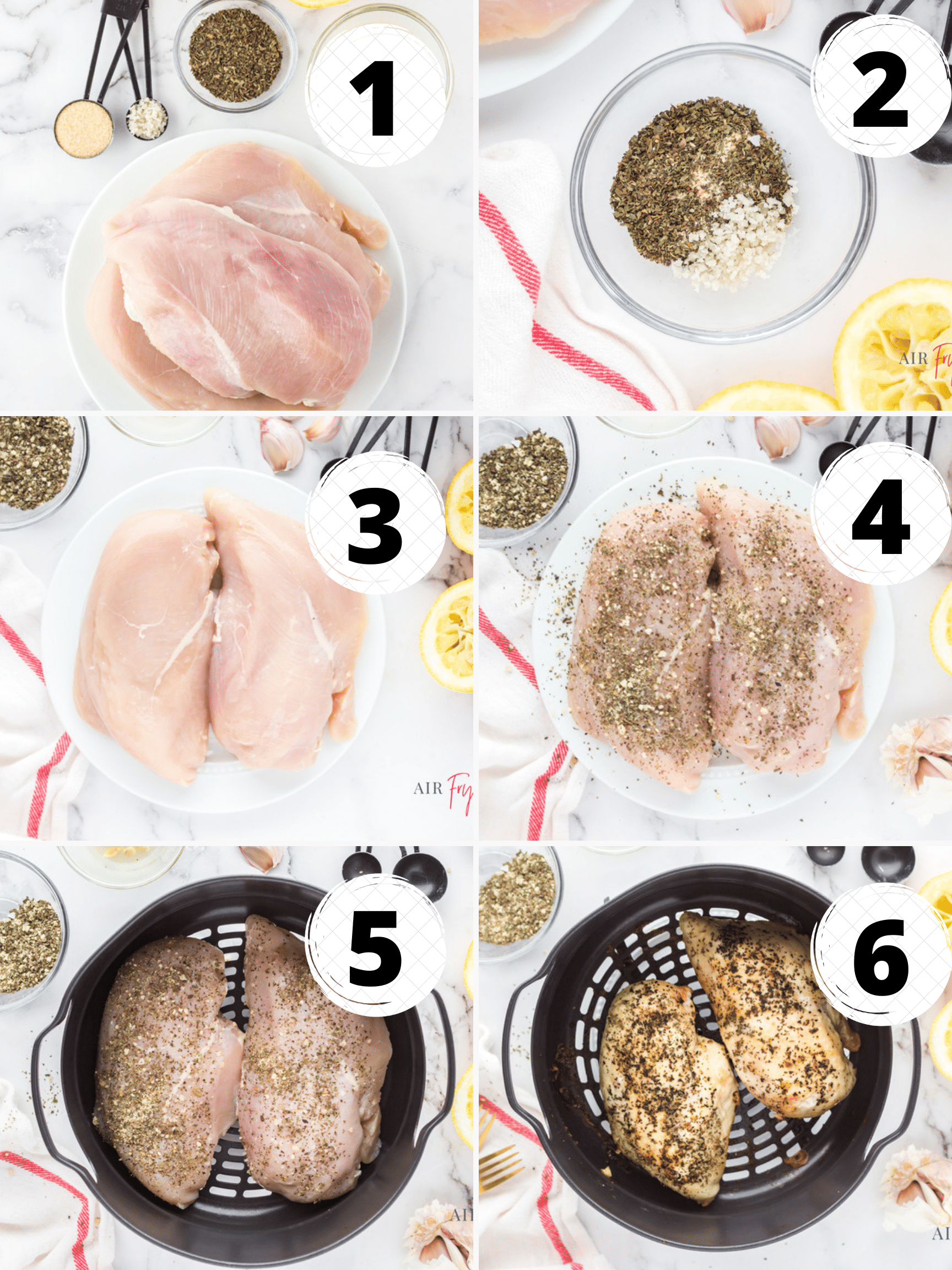 Photo collage showing six steps needed to make ninja foodi chicken breast