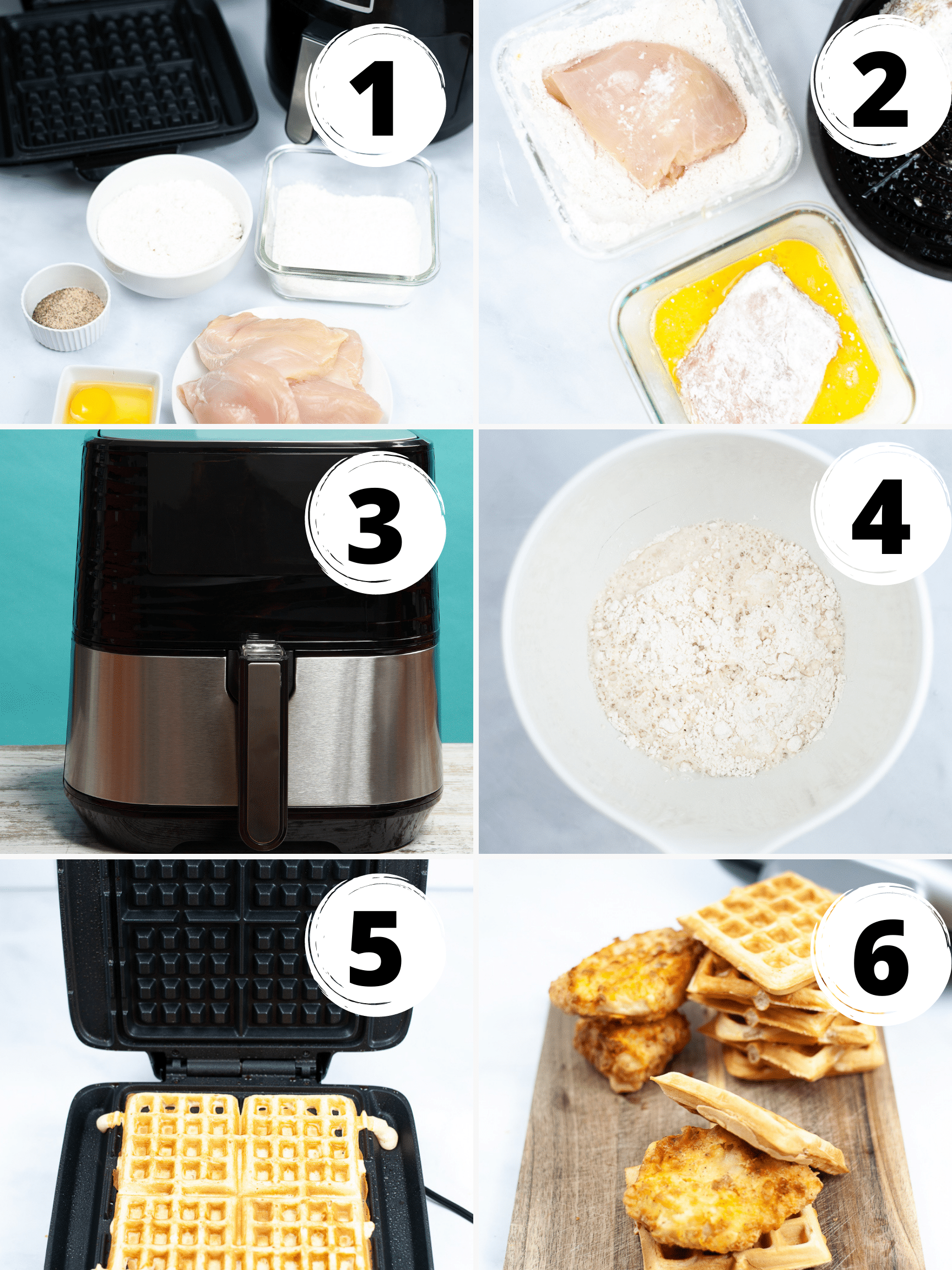 photo collage showing six steps need to make air fryer chicken and waffles
