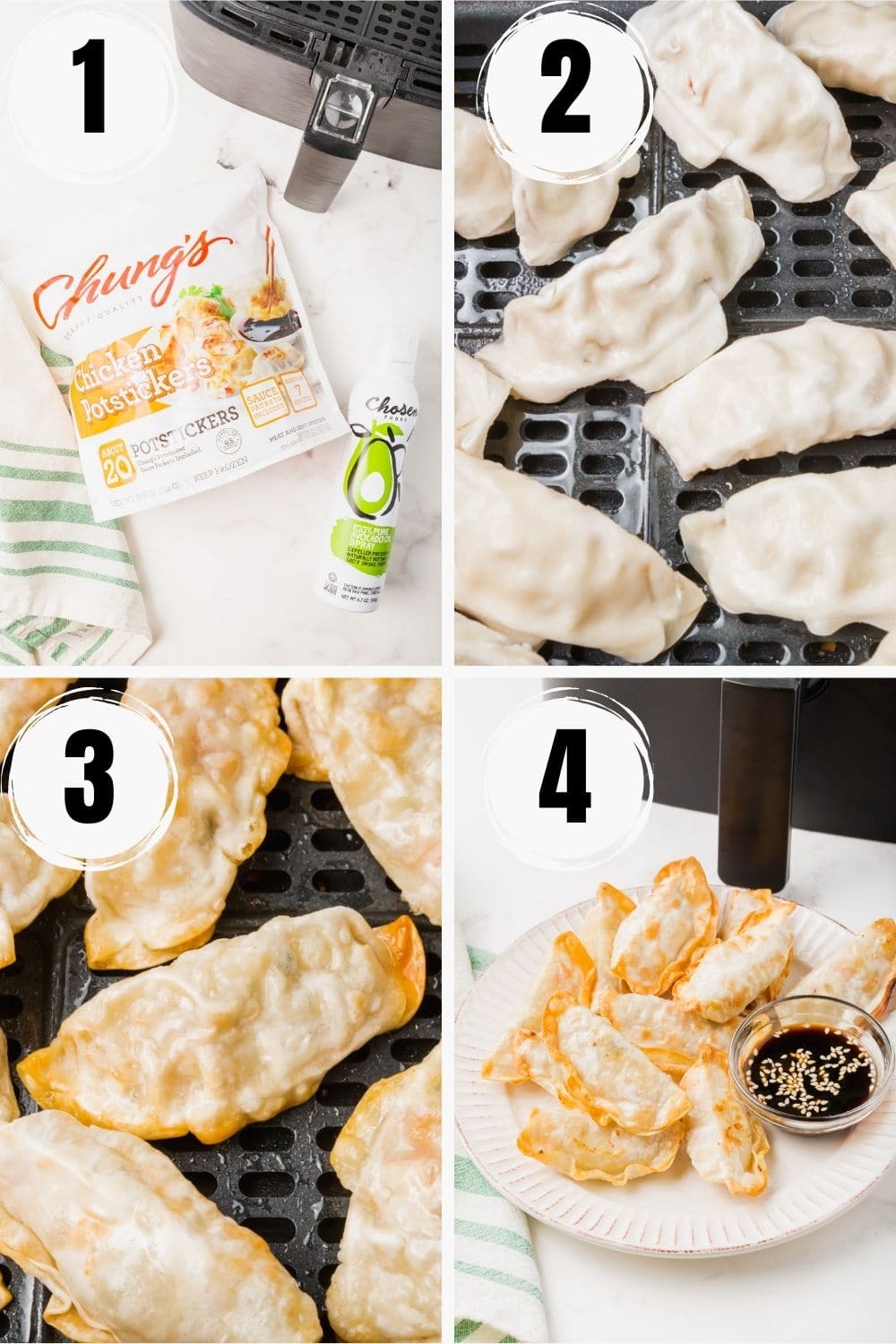 photo collage showing four steps needed to make frozen dumplings in the air fryer