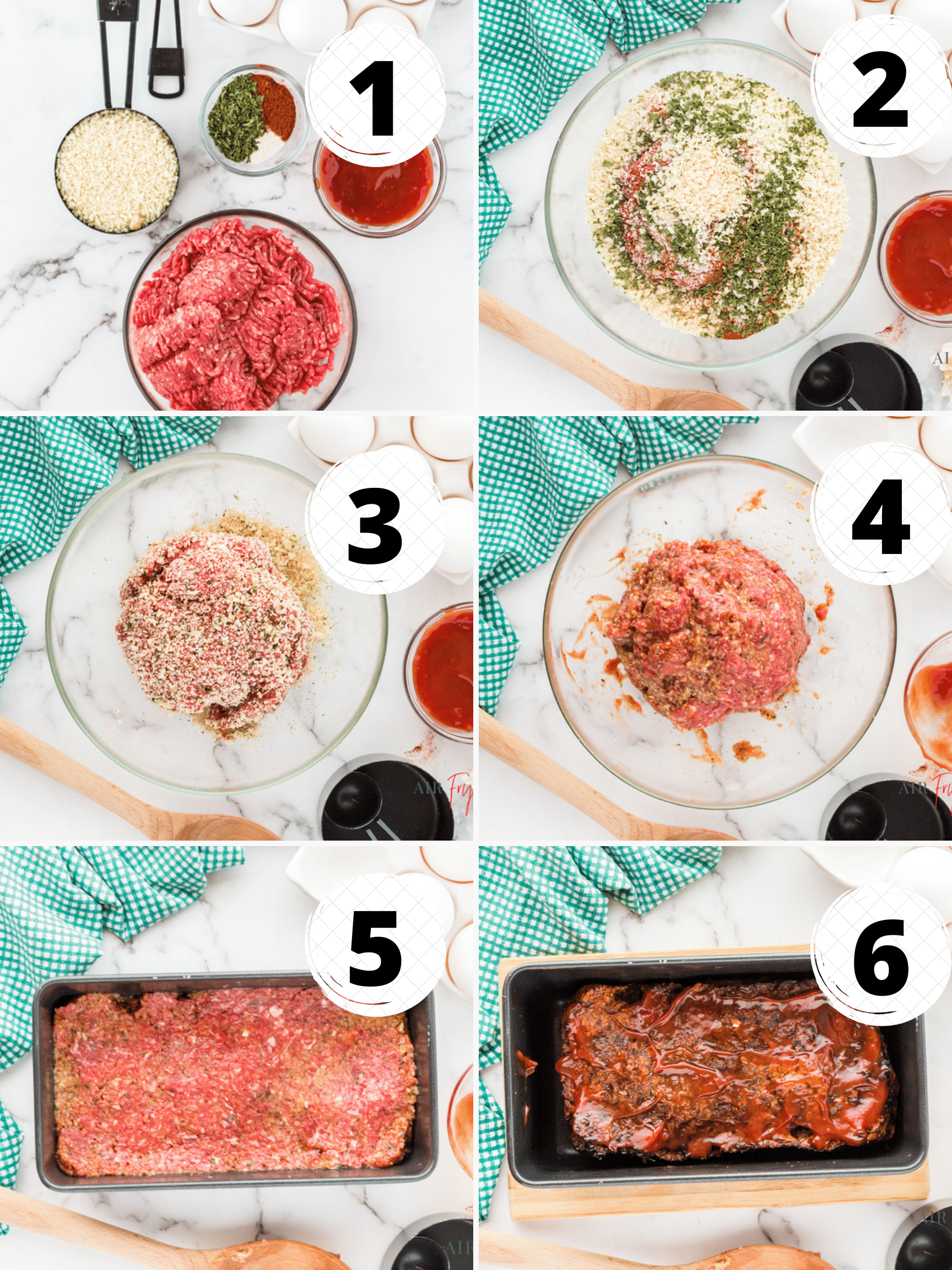 Photo collage showing 6 steps needed to cook a meatloaf in ninja foodi
