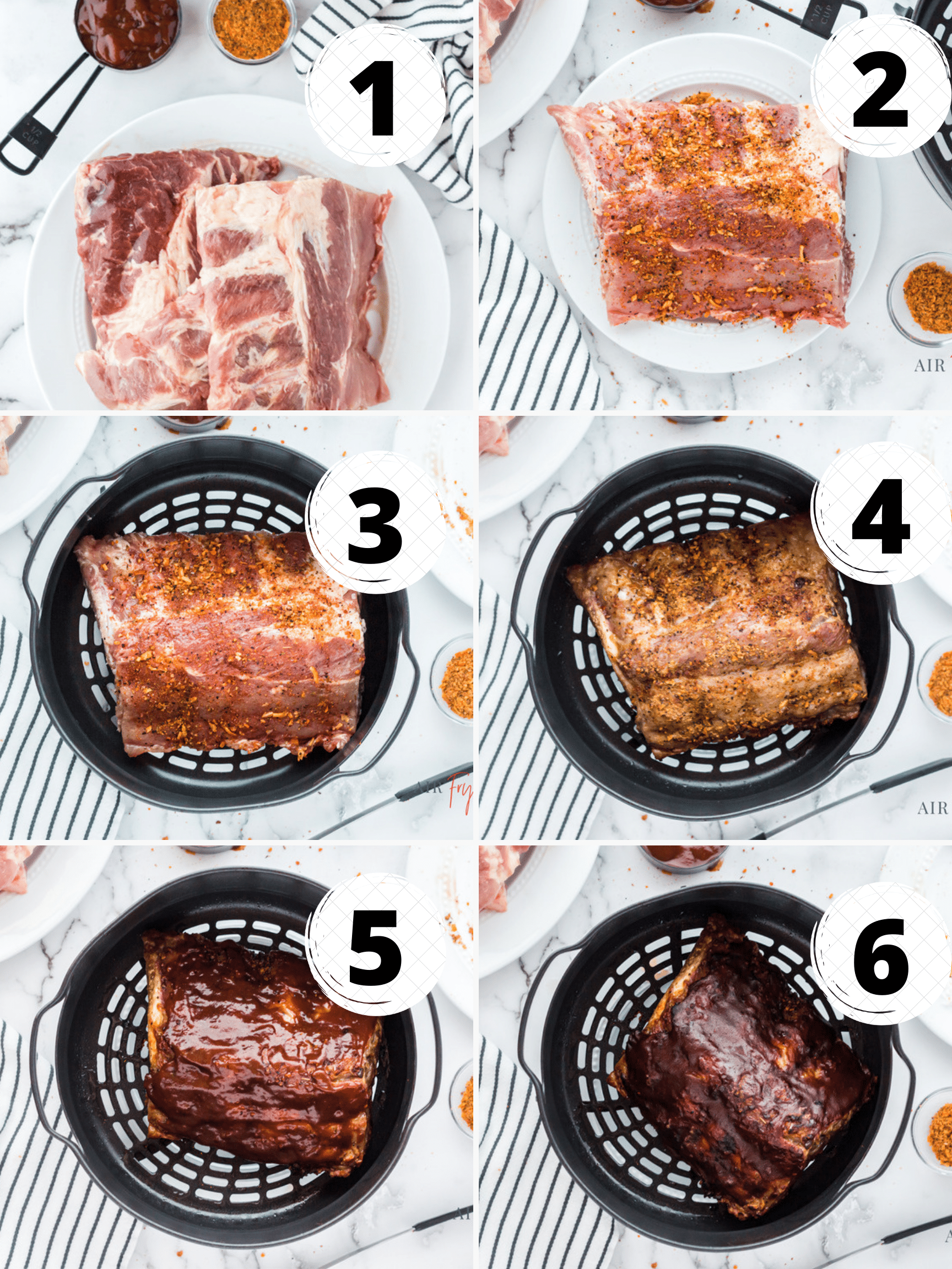 Photo collage showing how to make ribs in the ninja foodi air fryer