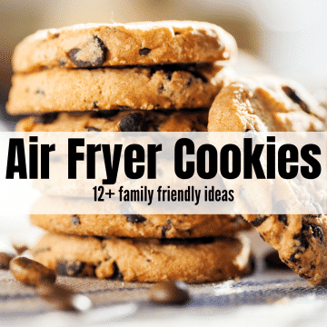 several chunky chocolate chip cookies with text overlay saying: air fryer cookies