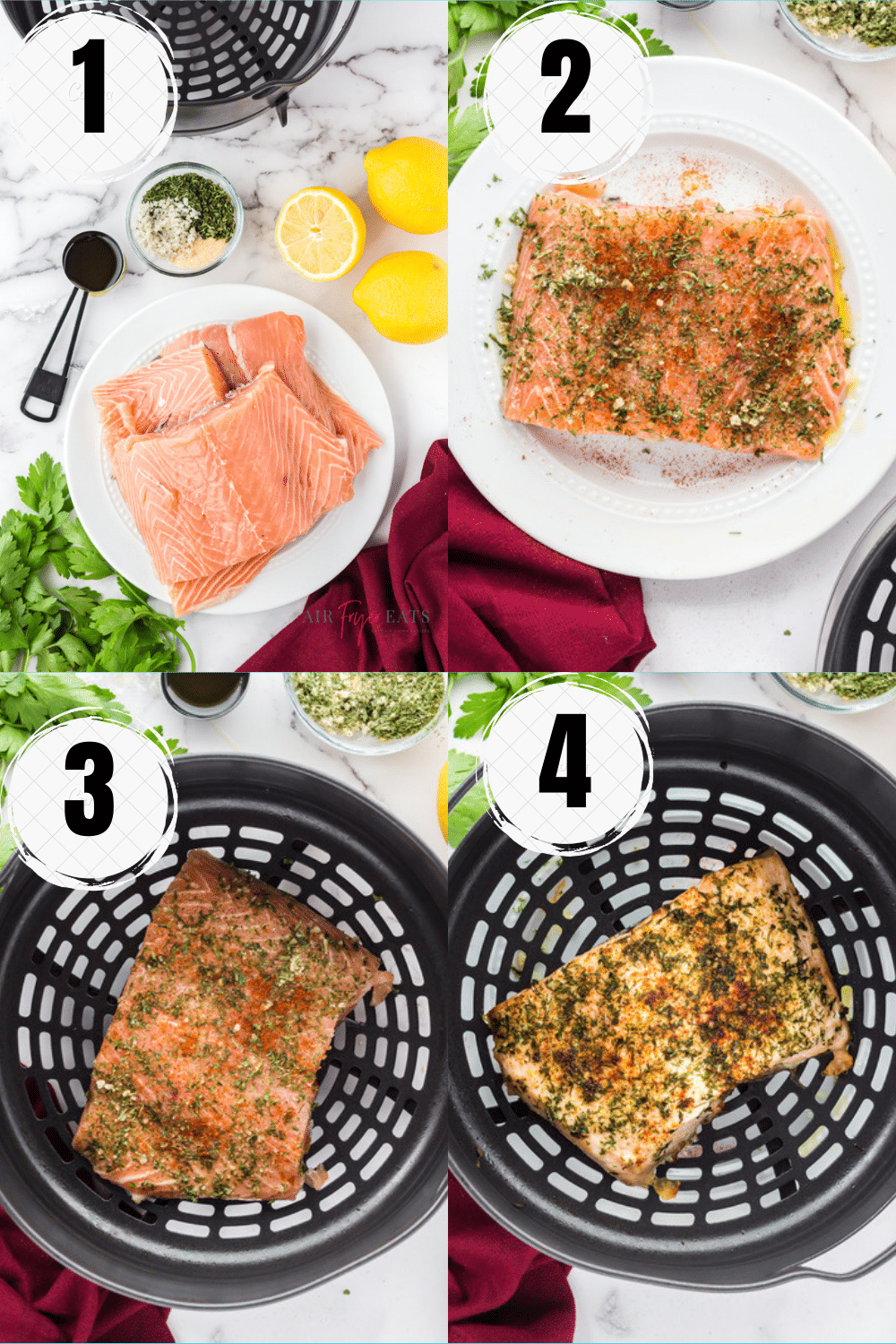 photo collage showing four easy steps for making salmon in ninja foodi air fryer