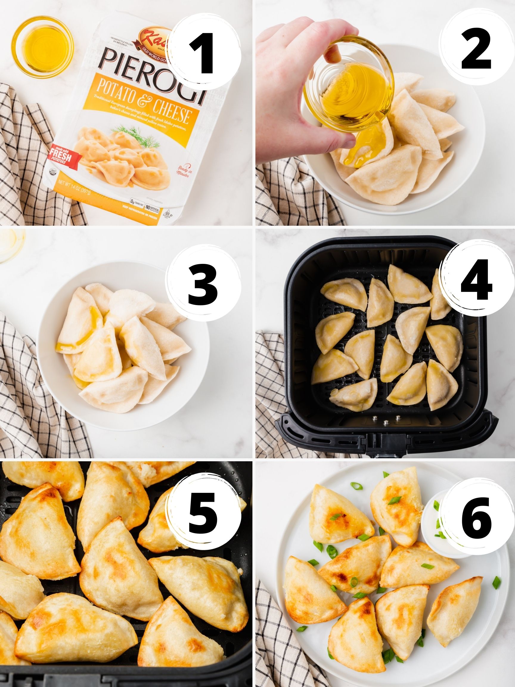 Photo collage showing 6 steps needed to make frozen pierogies in air fryer