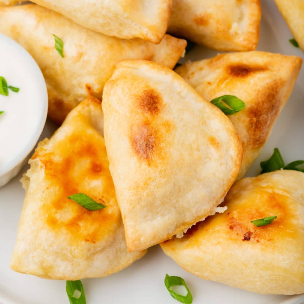 closeup view of frozen pierogies that were cooked in the air fryer.