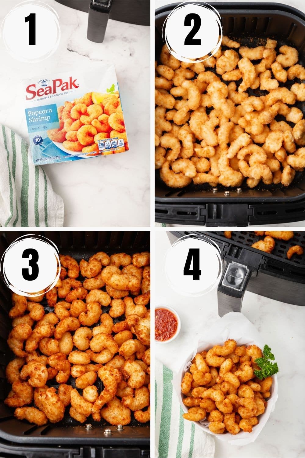 photo collage showing four steps needed to make frozen popcorn shrimp in the air fryer