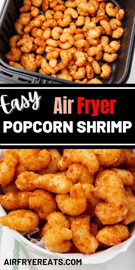 two photos of air fryer popcorn shrimp with a black text overlay that says easy air fryer popcorn shrimp