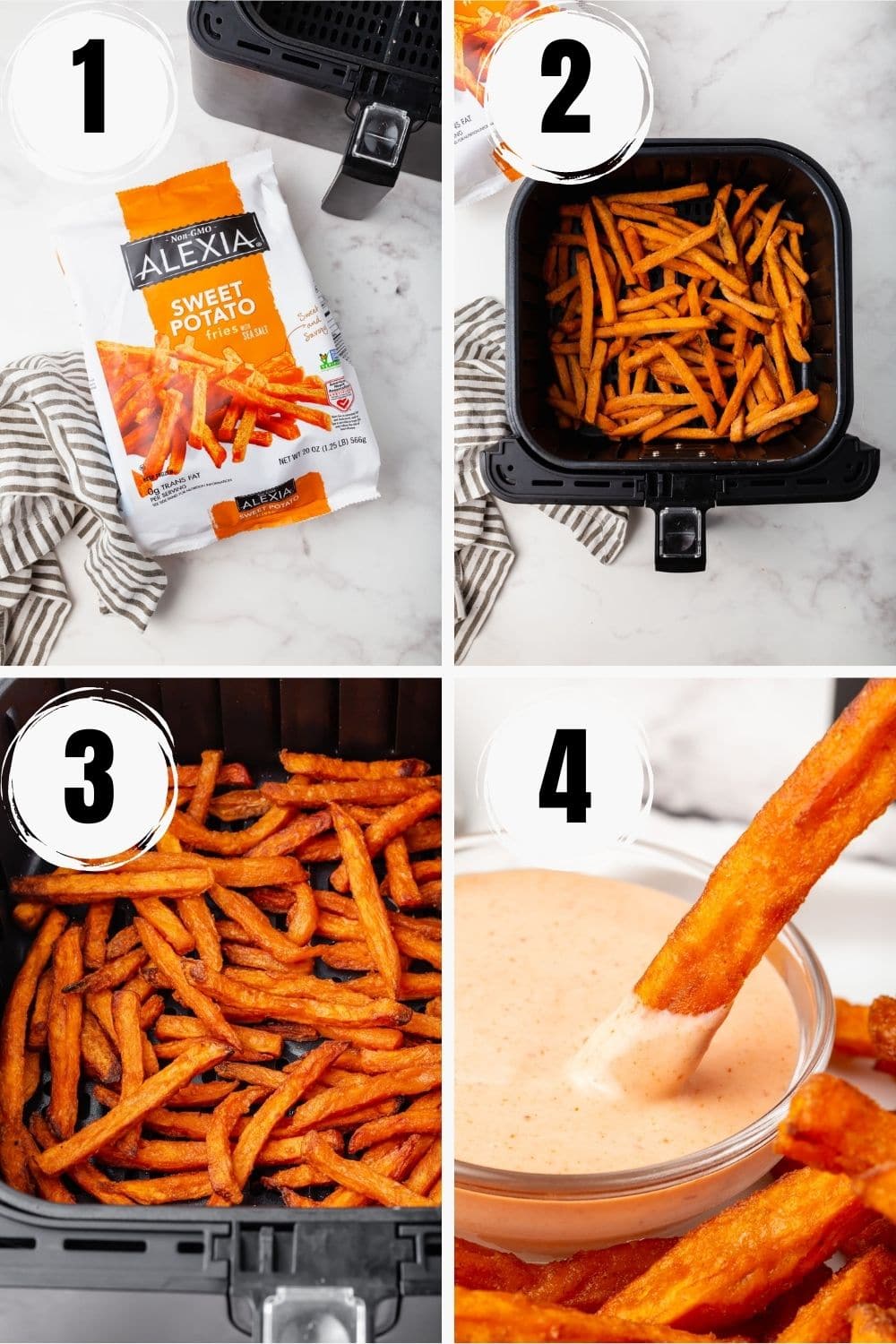 photo collage showing 4 steps needed to make frozen sweet potato fries in air fryer