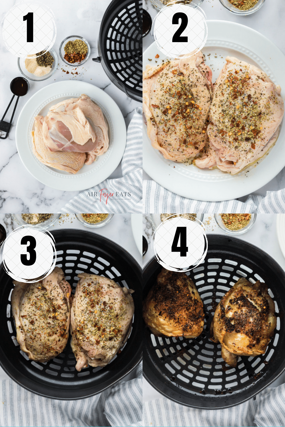 photo collage showing the steps to take to make chicken thighs in the ninja foodi