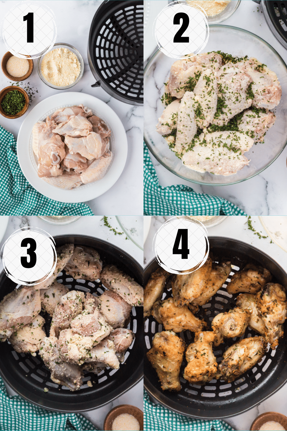 photo collage showing 4 steps to make easy chicken wings in ninja foodi
