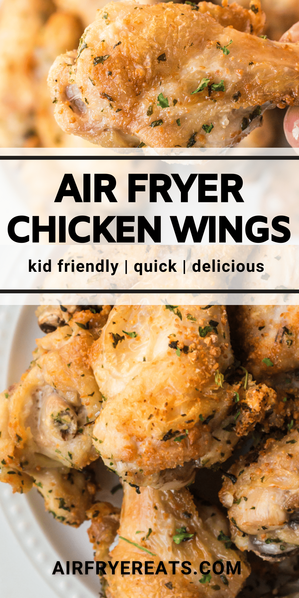 images of cooked chicken wings, text overlay says, Air Fryer Chicken Wings via @vegetarianmamma