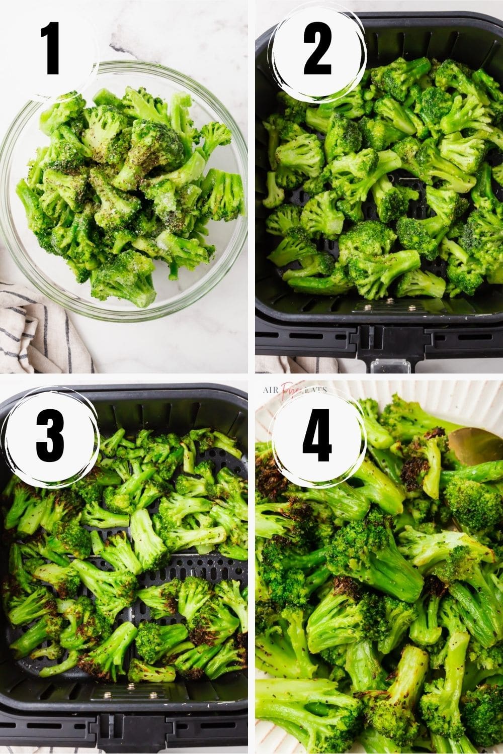 photo collage showing four steps needed to make frozen broccoli in the air fryer