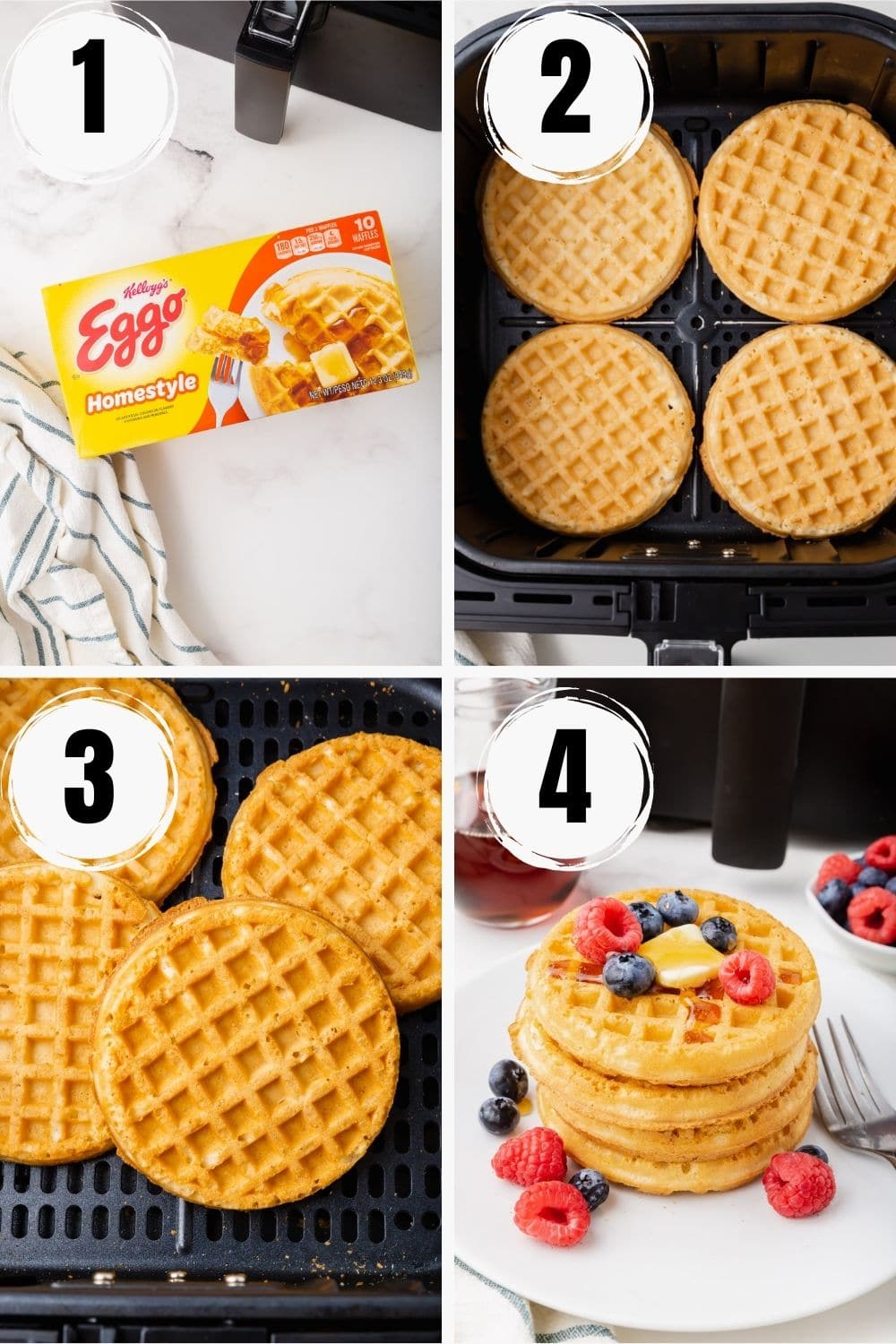 Photo collage showing the steps for making frozen waffles in air fryer