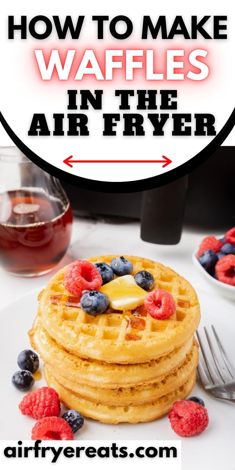 a stack of frozen waffles with a text overlay at the top that says how to make frozen waffles in the air fryer