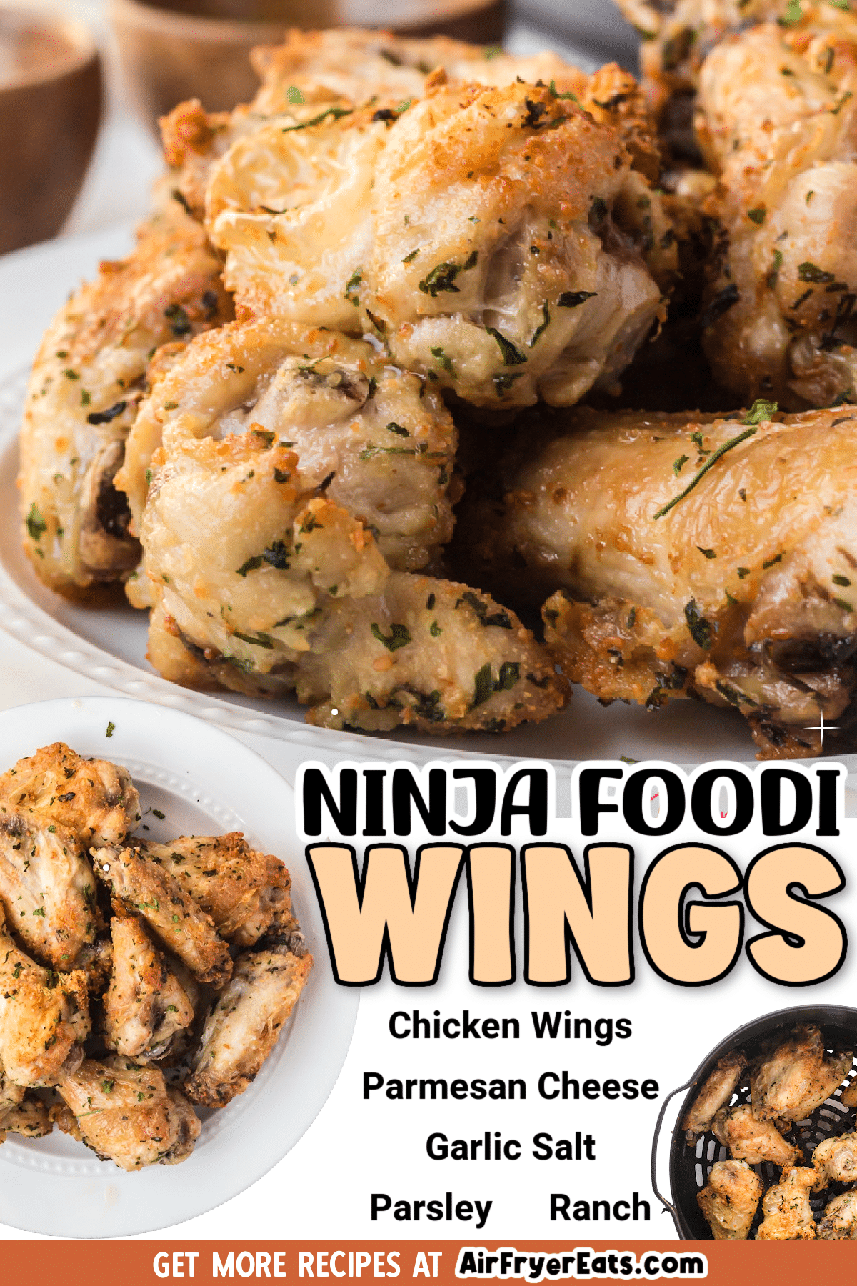 a plate of wings shown in three different positions. Text overlay says Ninja Foodi Wings and includes the ingredients needed. via @vegetarianmamma