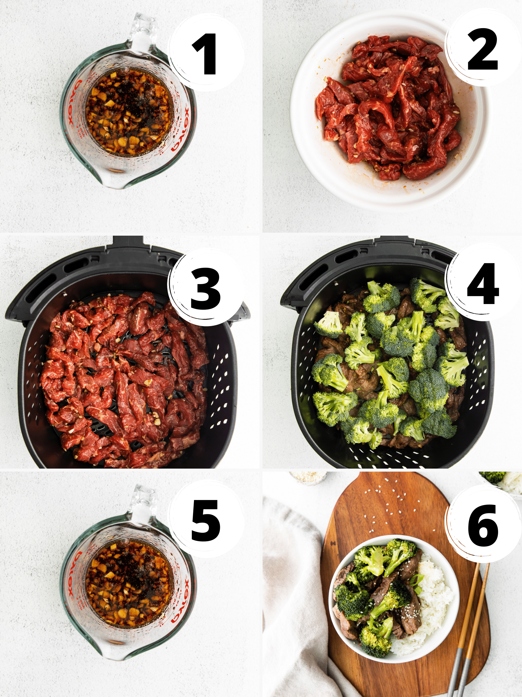 6 step collage picture on how to make air fryer beef and broccoli