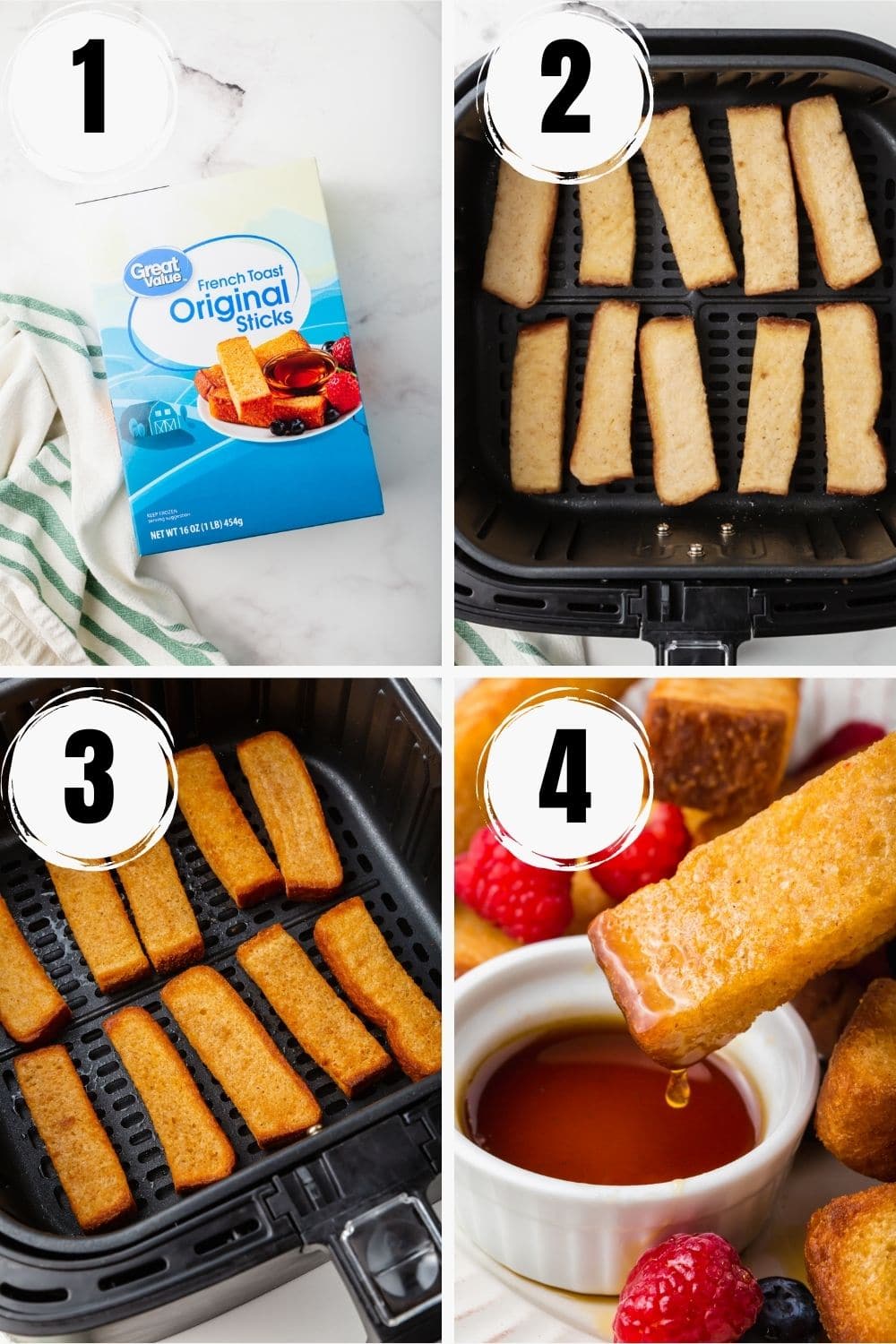 photo collage showing four steps needed to make frozen french toast sticks in the air fryer