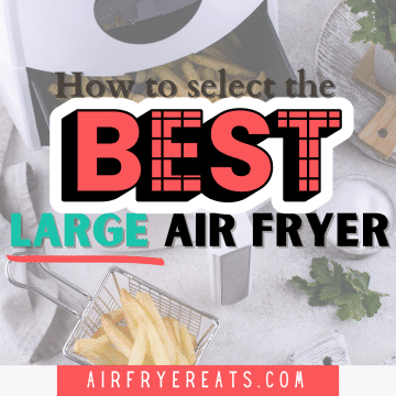 text: how to select the best large air fryer ; picture of a white counter top with a white air fryer and cooked fries in air fryer basket and in container