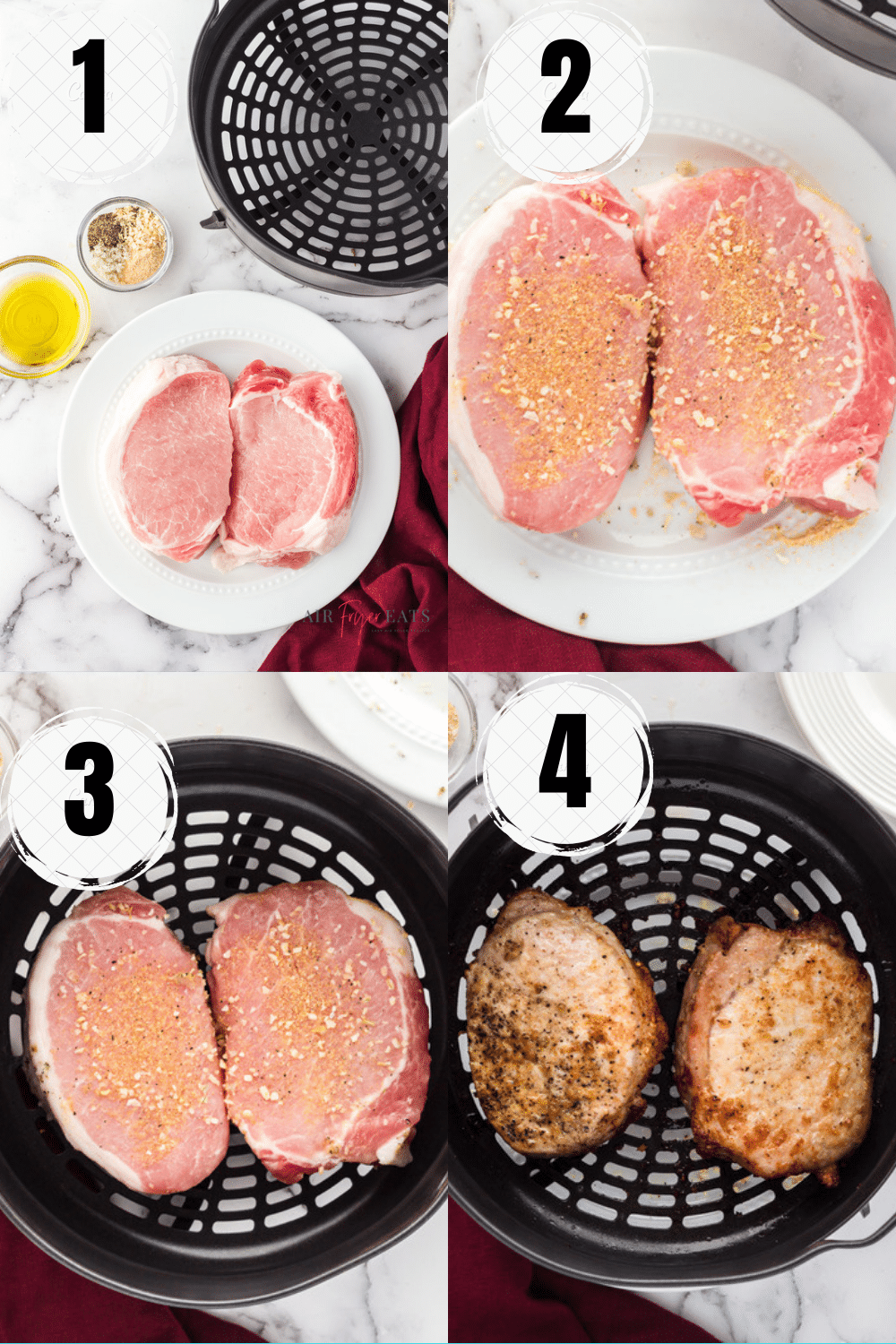 photo collage showing 4 steps for air frying pork chops in a ninja foodi