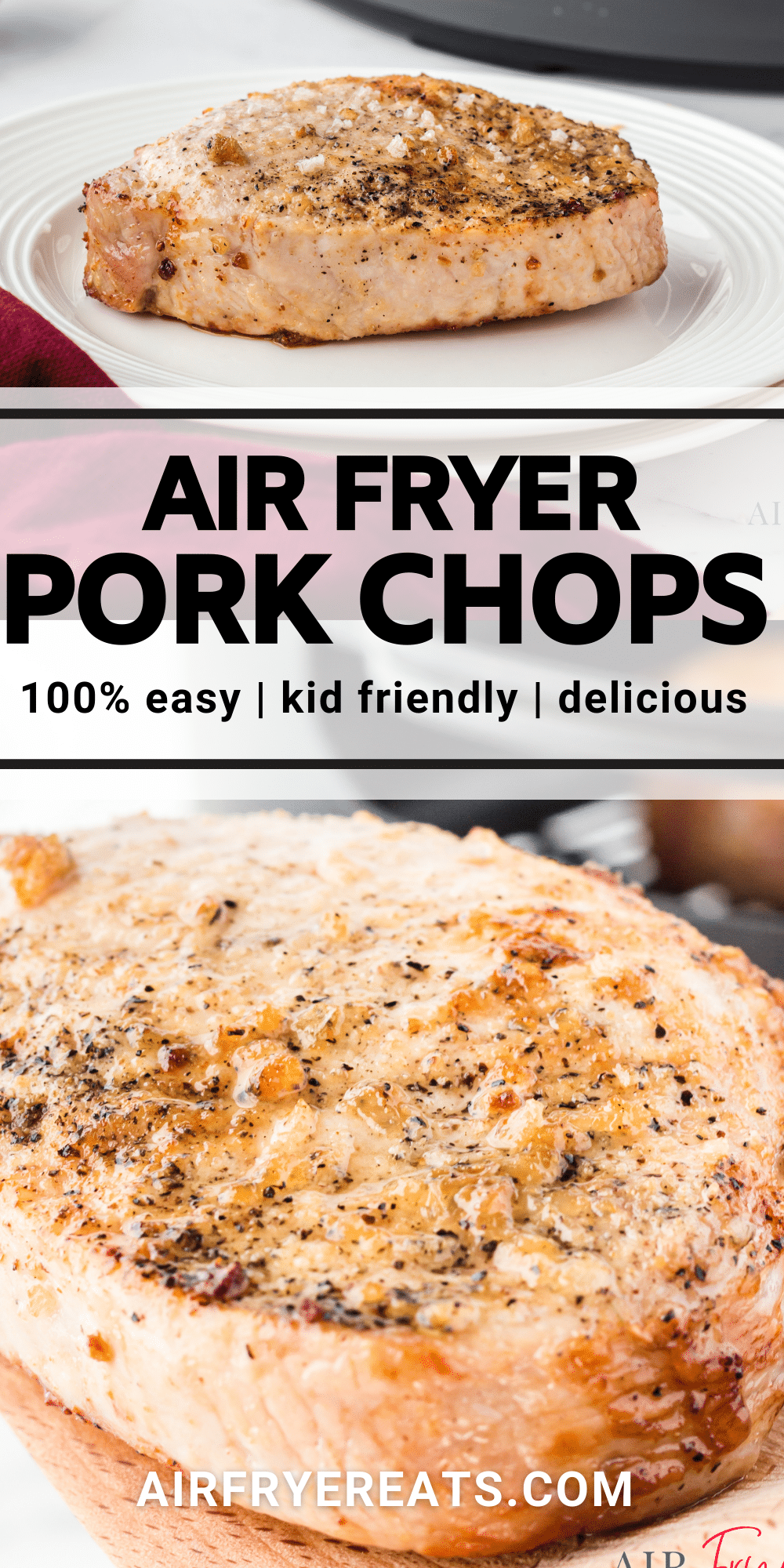 two photos of a pork chop air fried in a ninja foodi. Text overlay says Air Fryer Pork Chops