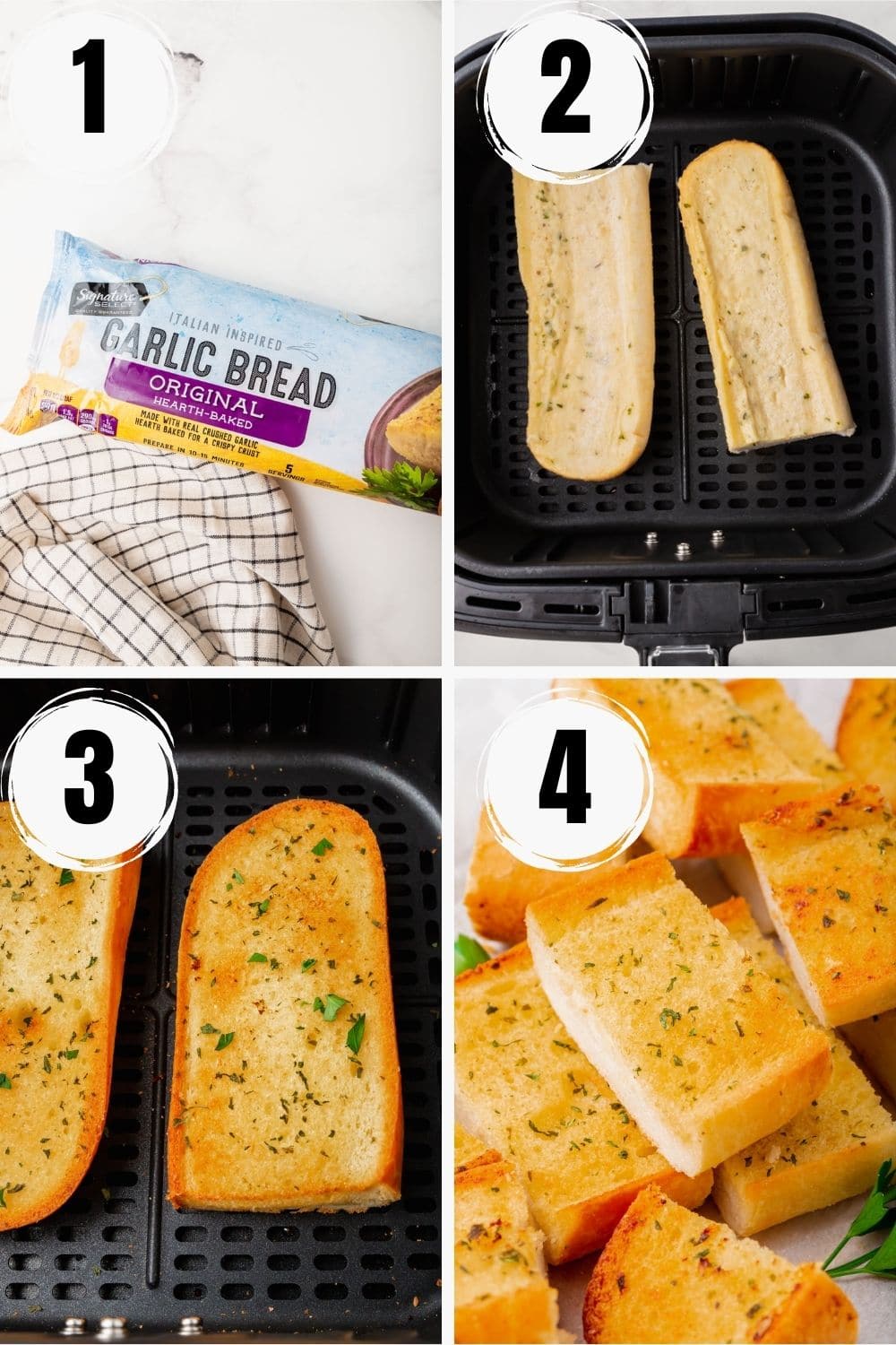 a photo collage showing four steps needed to make frozen garlic bread in an air fryer