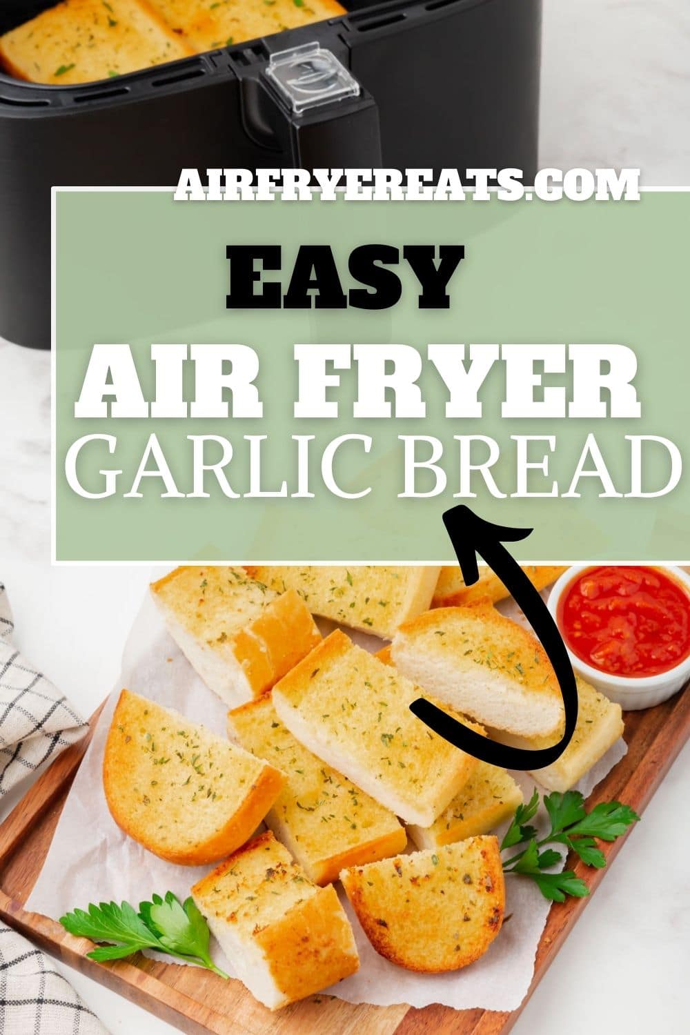 a platter of garlic bread pieces in front of an air fryer via @vegetarianmamma