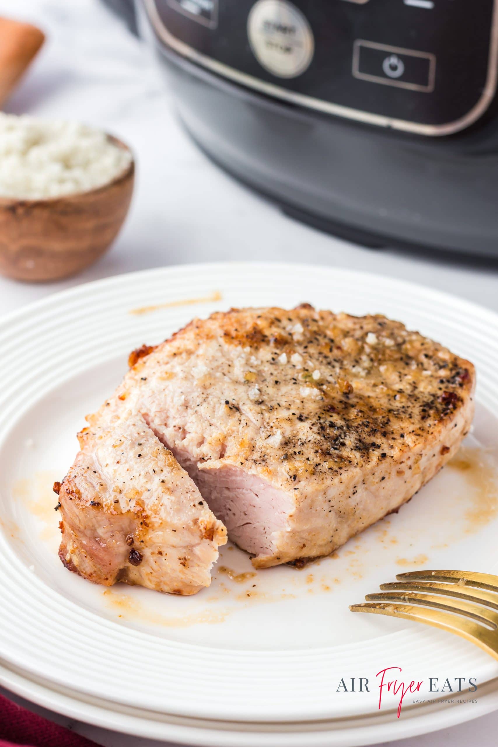 A thick boneless pork chop on a white plate in front of a ninja foodi. A gold fork is balanced on the edge of the plate, and the chop has been cut into to show the juicy texture. 