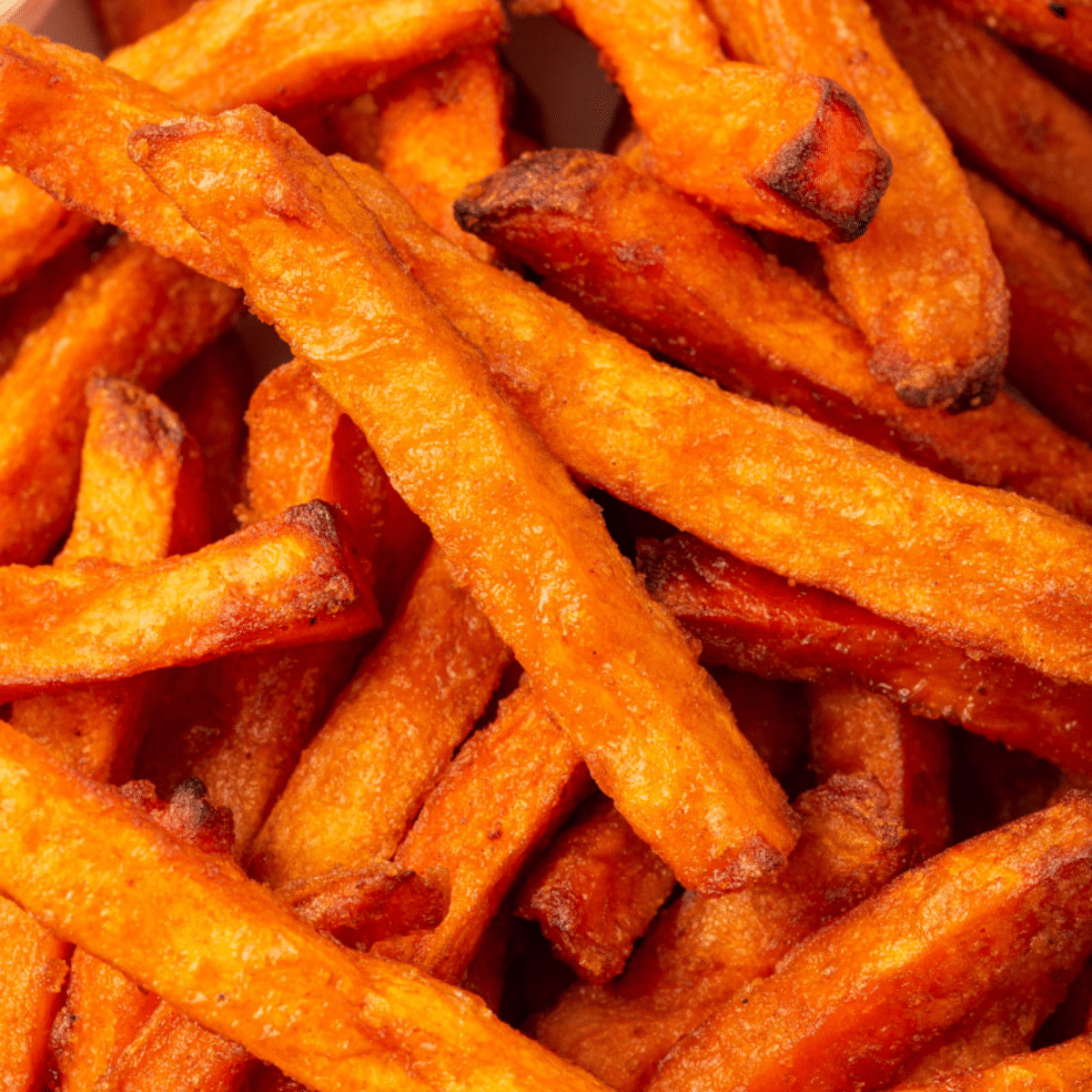 closeup view of air fryer frozen sweet potato fries