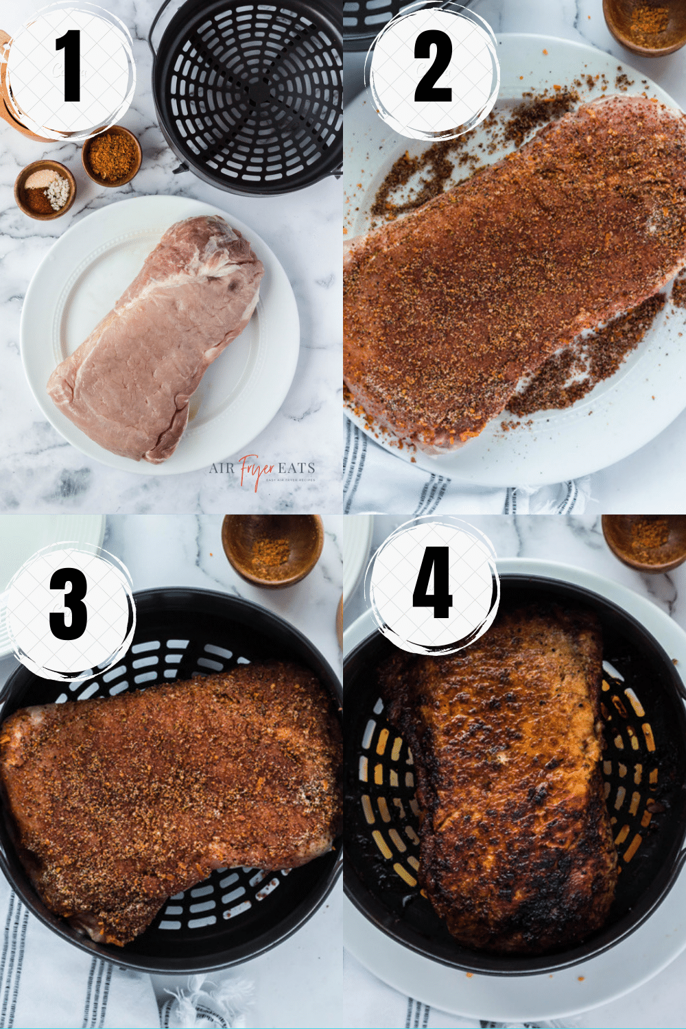 a collage of four photos showing how to make a pork loin roast in a ninja foodi