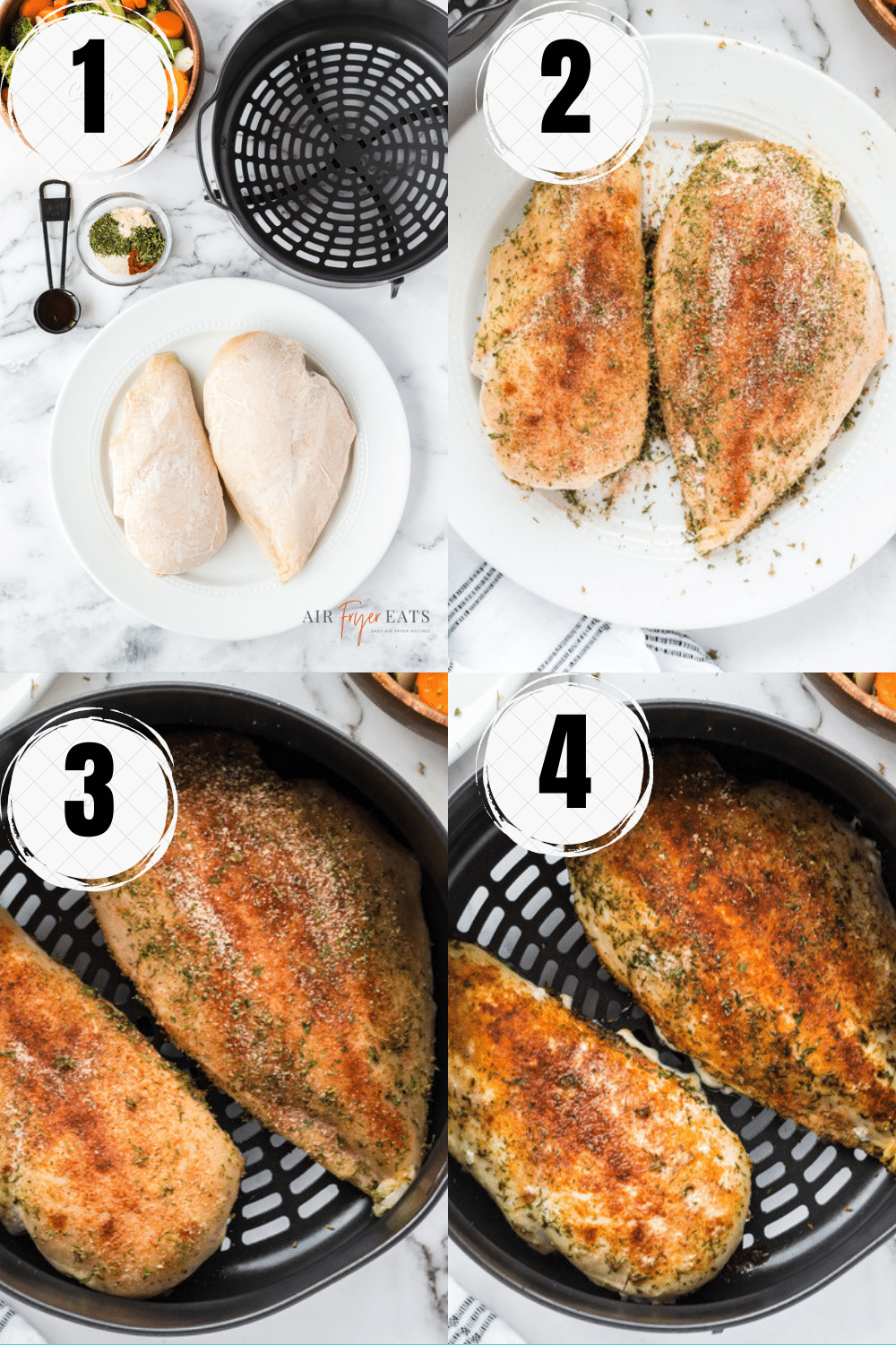 a photo collage showing four easy steps for making frozen chicken breasts in a ninja foodi air fryer