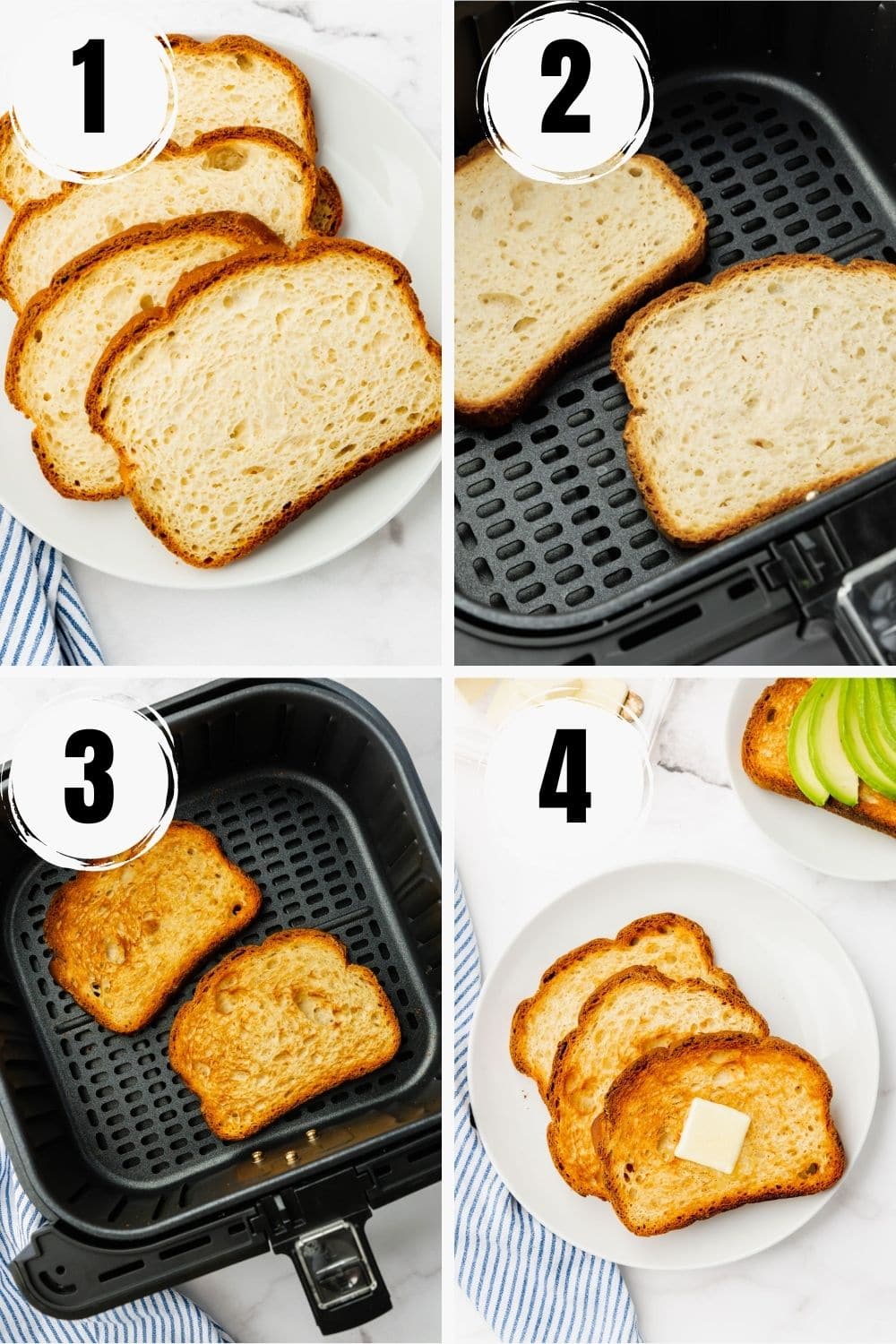 photo collage showing how to make toast in the air fryer