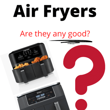 images of double air fryers on a white back ground with a dark red question mark. Text on image says Double Air Fryers. Are they any good?