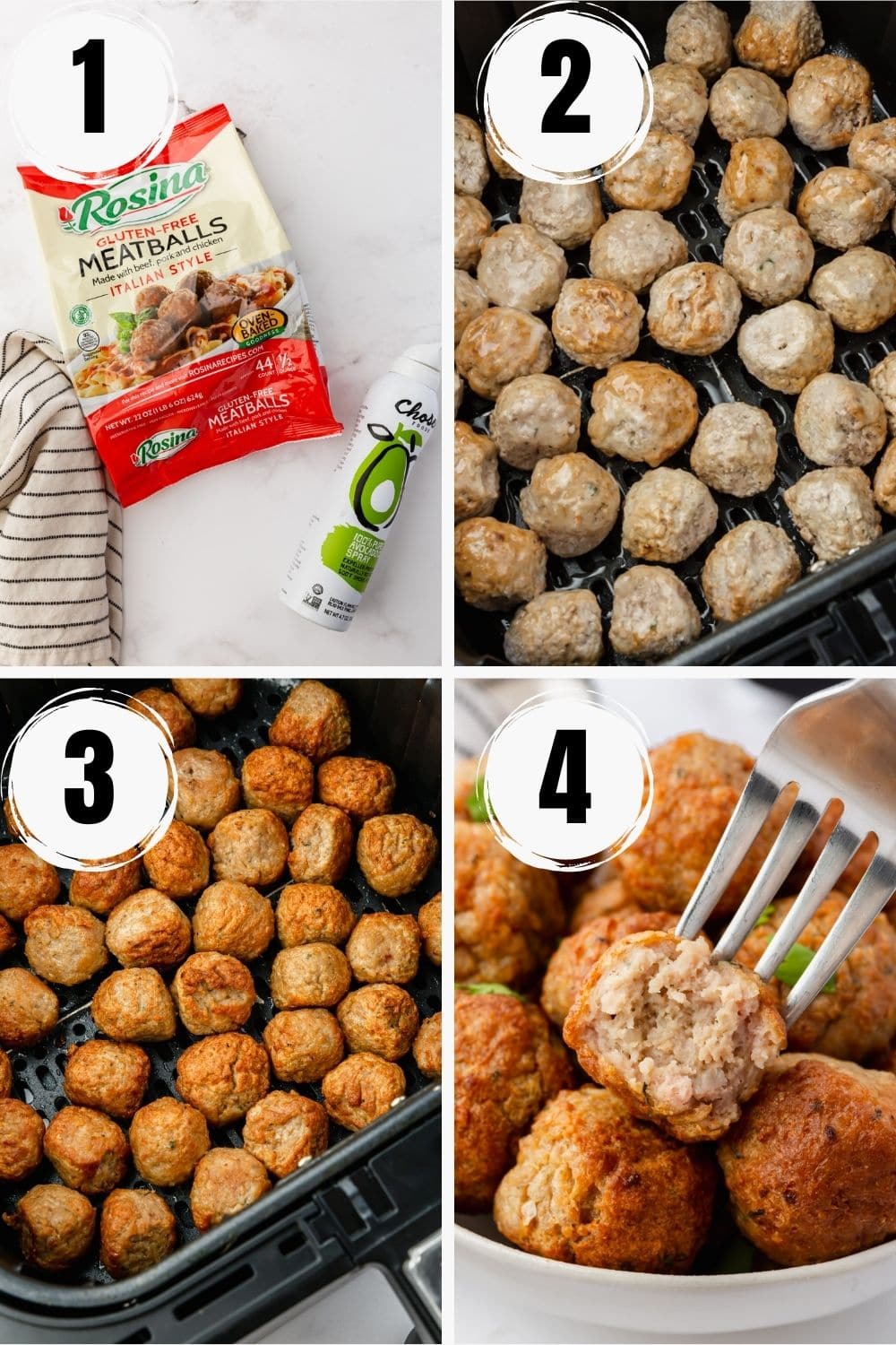 photo collage showing 4 steps to make frozen meatballs in an air fryer