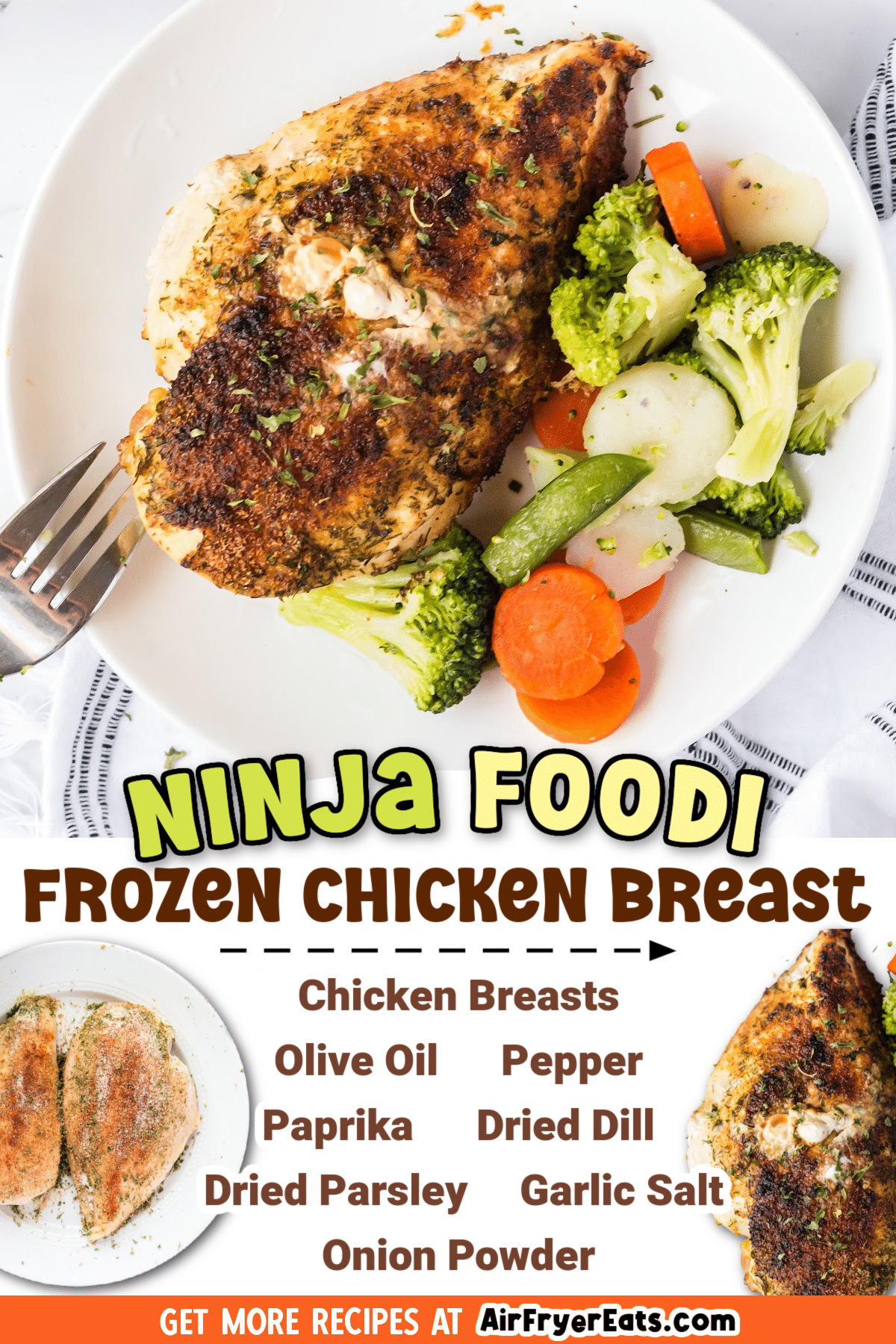 Chicken breasts go from frozen solid to perfectly cooked in the Ninja Foodi! Keep this recipe for Ninja Foodi Frozen Chicken Breasts handy for the next time you forget to defrost dinner. via @vegetarianmamma