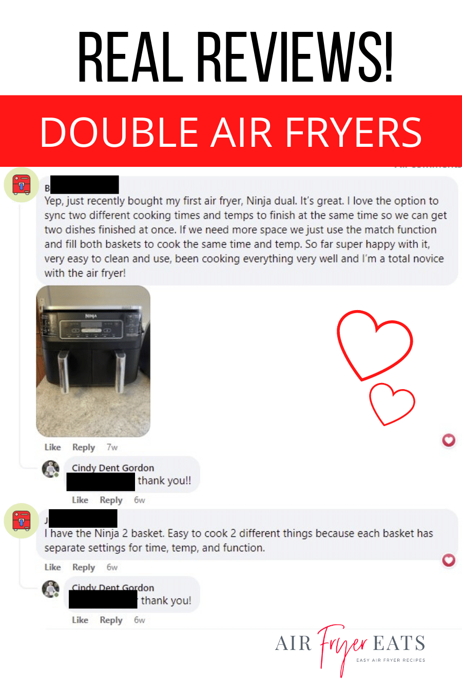 screenshot from a facebook post where two group members write about their experiences with the Ninja Dual air fryer