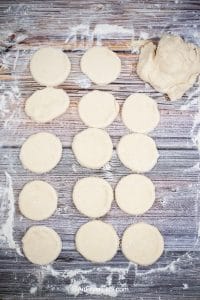 14 discs of dough cut for filling
