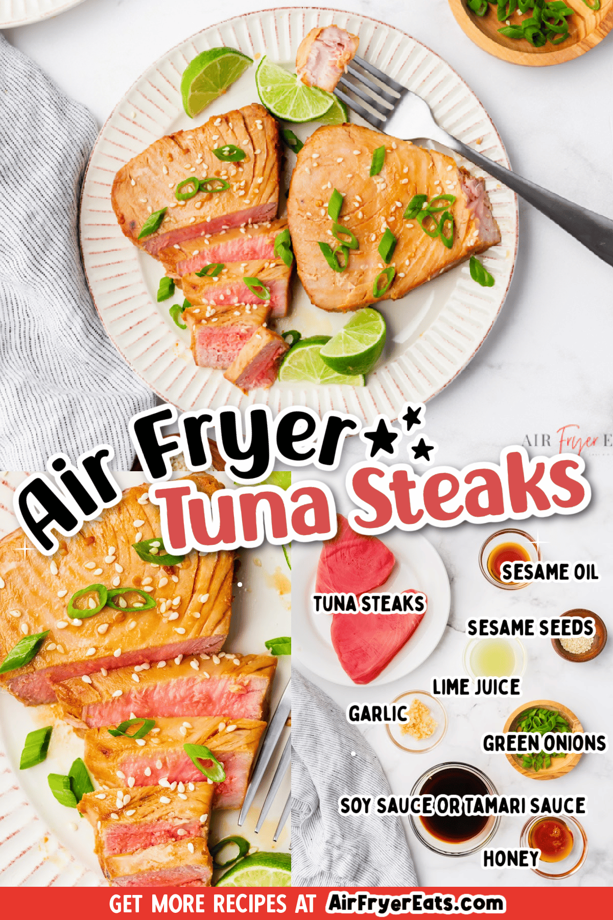 A simple yet restaurant-quality recipe for air fryer tuna steaks marinated with the delicious flavors of soy, honey, garlic, and lime. This seared tuna cooks up perfectly in just a few minutes in the air fryer. via @vegetarianmamma