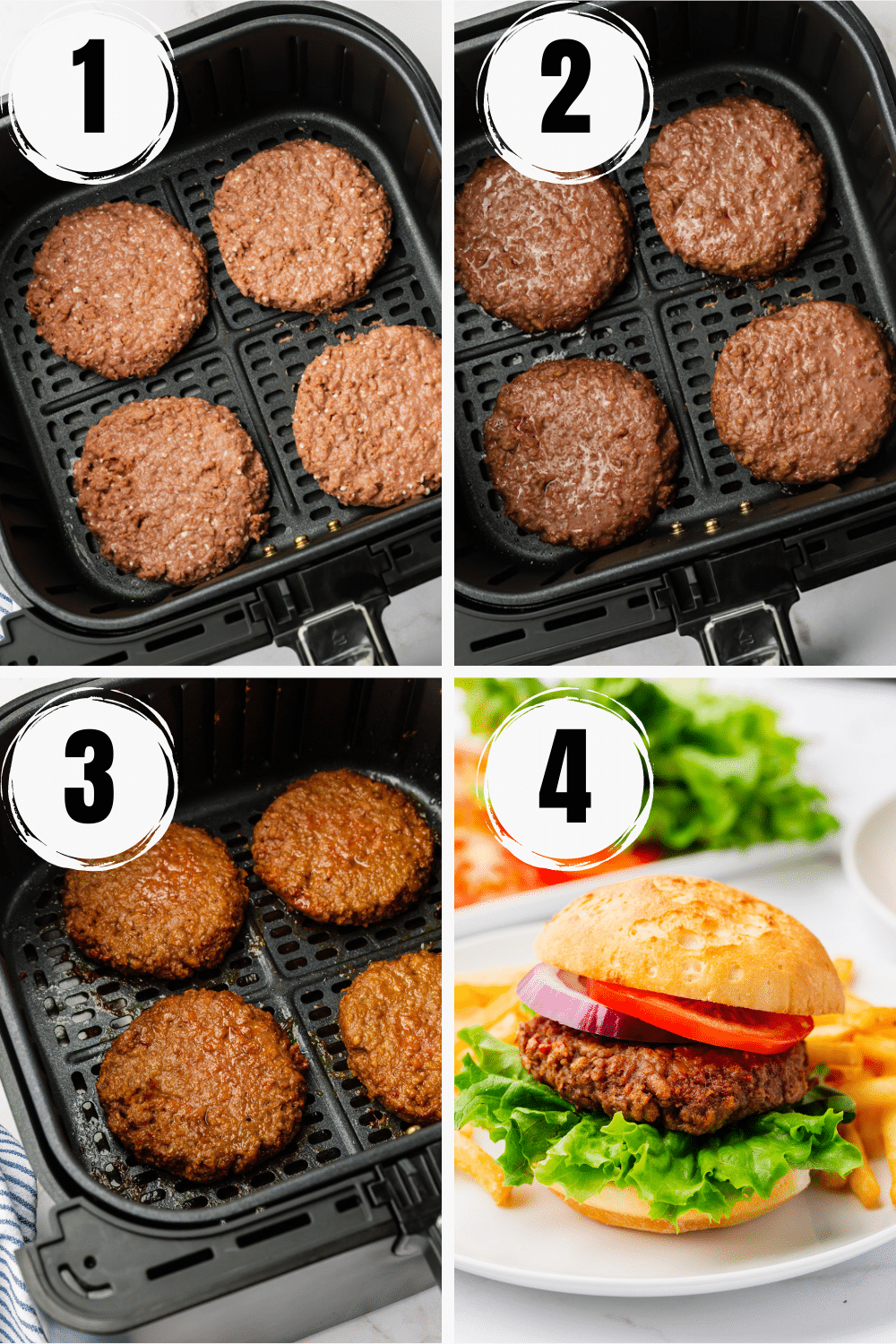 photo collage showing four simple steps for making beyond burger in air fryer