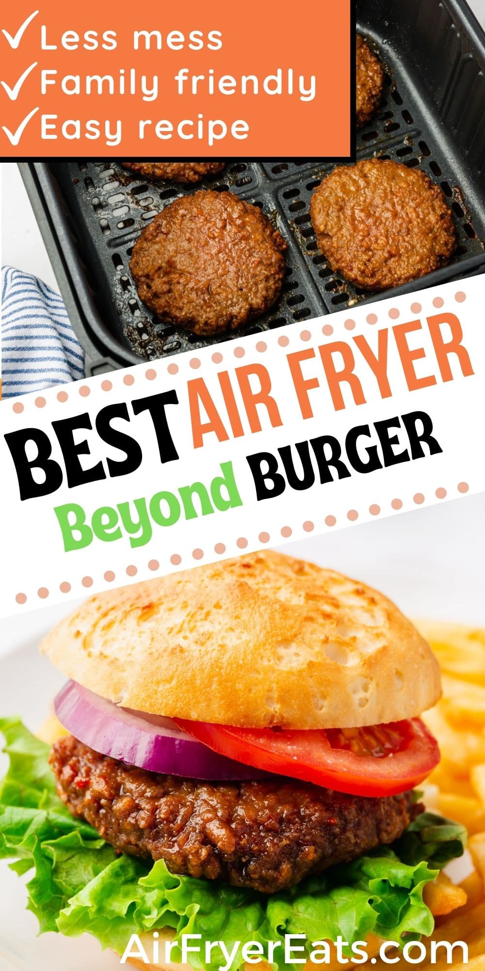 two photos of air fryer beyond burgers, with text overlay