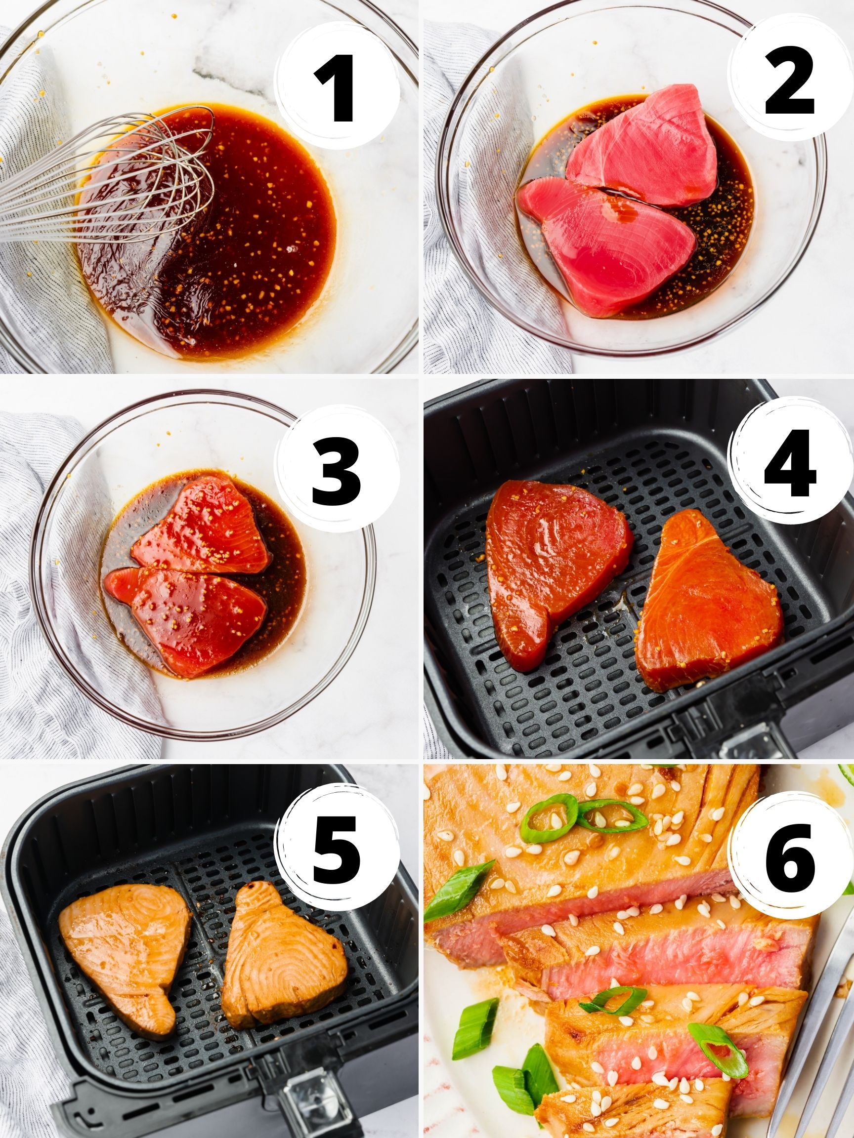 a collage of six numbered images showing how to make tuna steaks in air fryer