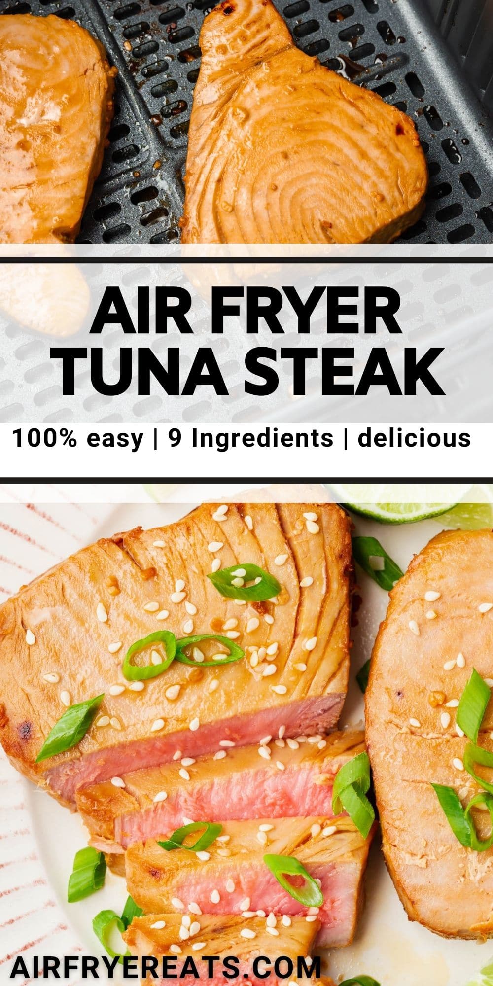 A simple yet restaurant-quality recipe for air fryer tuna steaks marinated with the delicious flavors of soy, honey, garlic, and lime. This seared tuna cooks up perfectly in just a few minutes in the air fryer. via @vegetarianmamma