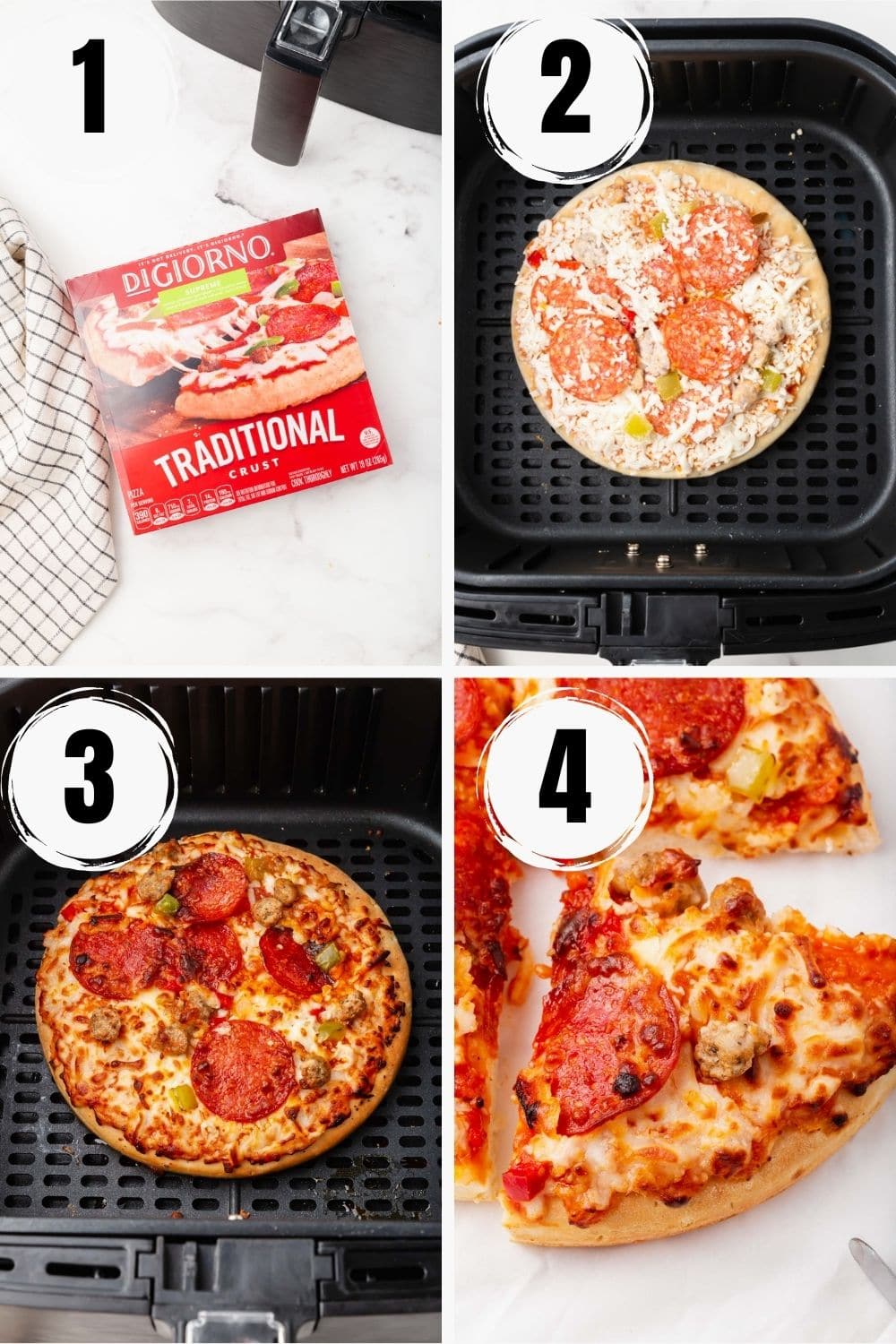 Photo collage showing how to cook a frozen digiorno pizza in the air fryer